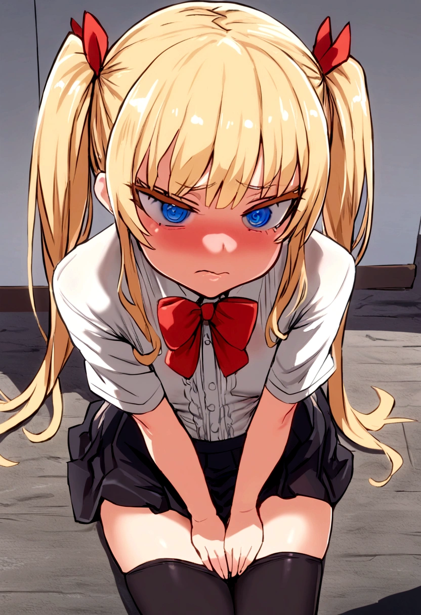masterpiece, best quality, 1girl, solo, bangs, long hair, twin tails, blonde hair, blue eyes, disgust, small breasts, white blouse, short sleeves, red bow, black skirt thigh-highs,