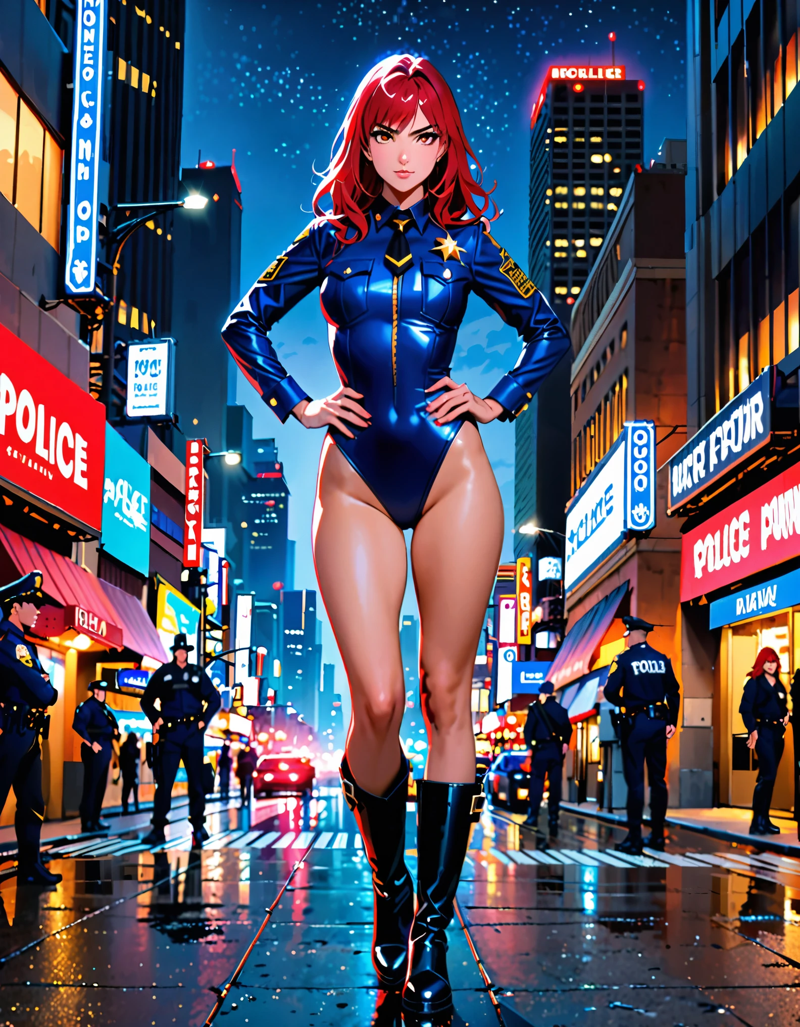 best quality, masterpiece, highres, solo, solo focus, 1lady, semi-realistic, dynamic heroic pose, standing straight, red hair, hazel eyes, beautiful detailed eyes, beautiful detailed face, perfect hands, complete fingers, sexy Los Angeles police officer, (dressed in a blue and red leotard), city backdrop, neon edge lighting, highly detailed, professional, bare legs, matching boots, ankle-high boots, full body shot, hands on hip, medium hair, hair down, nighttime, full body costume design.