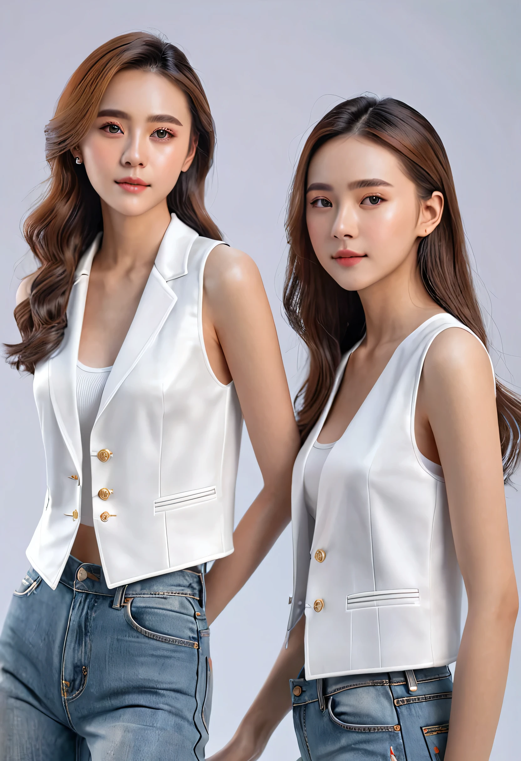 2 Girls,Sweet first love,detailed, 8K, masterpiece,Thin body,Wear a white vest,Full body picture,Facial Realism,Studio Lighting,high quality,Model Picture