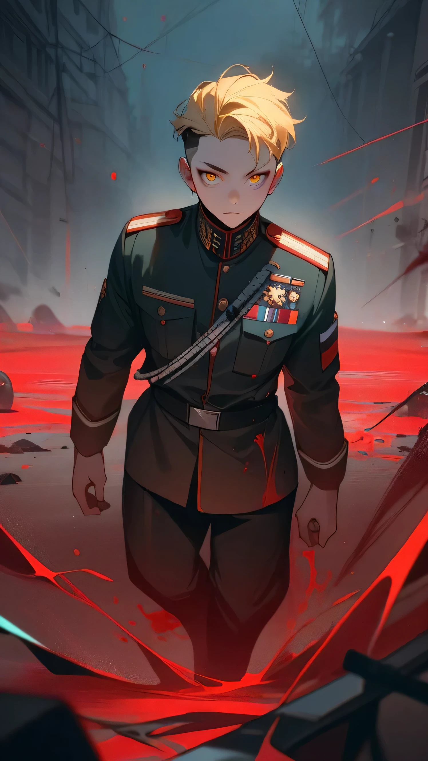 1man, yellow hair, undercut hairstyle, yellow eyes, wearing russian army commander outfit, scattered blood at battlefield, eerie vibes, looking at viewer, full body, masterpiece, best quality,