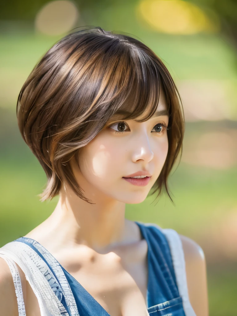 masterpiece:1.3), (8k, Realistic, RAW Photos, highest quality: 1.4), (One Girl), Beautiful Face, (Realistic Face),short hair:1.3), Beautiful Hairstyles, Realistic eyes, Beautiful details, (Realistic Skin), Beautiful Skin, Absurd, charm, Ultra-high resolution, Ultra-realistic, Very detailed, Golden Ratio Overall hairstyle spring/Summer clothes Side part Short Bob Japanese half Brown Hair See-through bangs