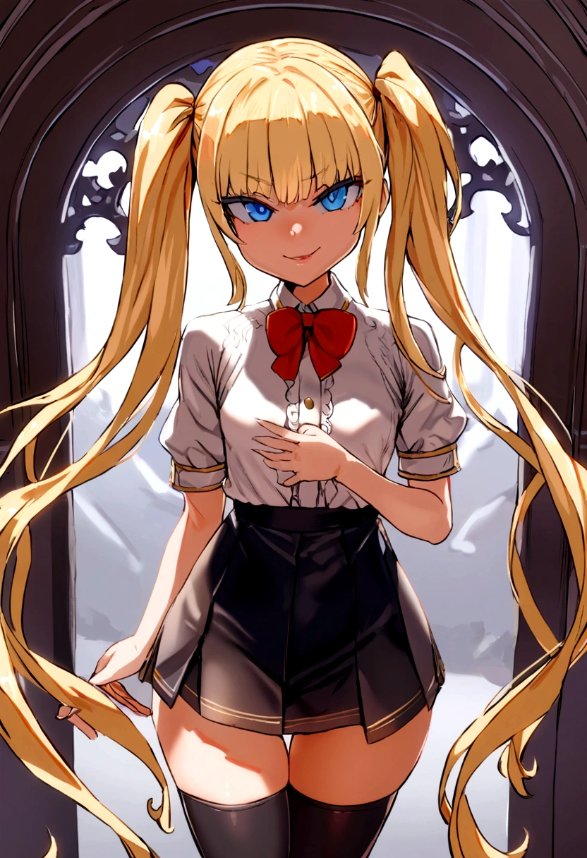 masterpiece, best quality, 1girl, solo, bangs, long hair, twin tails, blonde hair, blue eyes, smirk, small breasts, white blouse, short sleeves, red bow, black skirt thigh-highs, , looking dawn at viewer, panty shot