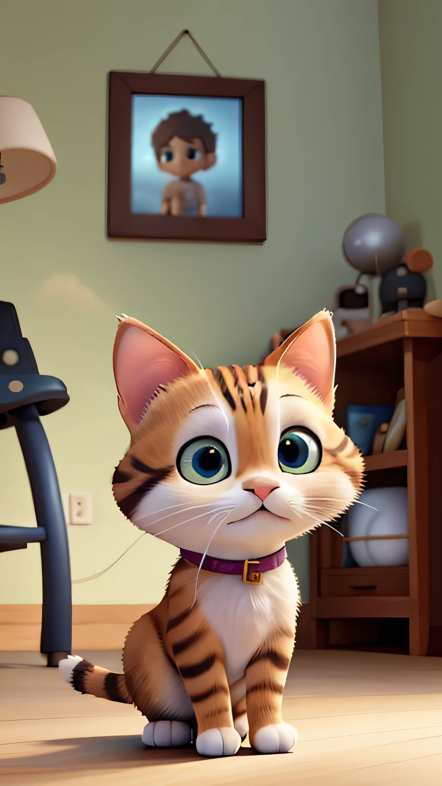 The small cat in Pixar style, determined to change, looking at itself in a mirror with a determined expression, ears perked up and eyes showing resolve. The background features a cozy room with soft lighting, workout posters, and a corner with exercise equipment. Created Using: Pixar-like 3D animation, warm and vibrant colors, expressive character features, dynamic lighting, detailed textures, hd quality, natural look 