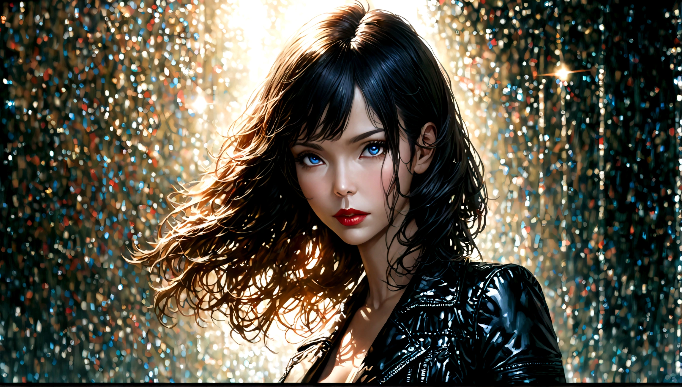 a beautiful girl with long dark hair, stunning detailed face, piercing blue eyes, full red lips, wearing a black leather jacket, posing next to a sleek black ferrari, dramatic lighting, cinematic atmosphere, photorealistic, 8k, (best quality,4k,8k,highres,masterpiece:1.2),ultra-detailed,(realistic,photorealistic,photo-realistic:1.37),high-end studio lighting,extremely detailed,velvet skin,vivid colors,depth of field,cinematic composition
