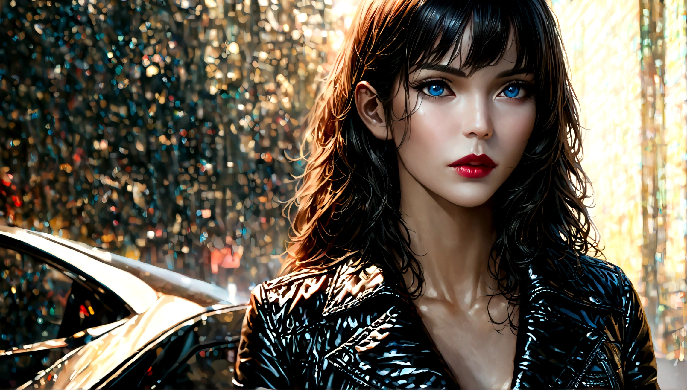 a beautiful girl with long dark hair, stunning detailed face, piercing blue eyes, full red lips, wearing a black leather jacket, posing next to a sleek black ferrari, dramatic lighting, cinematic atmosphere, photorealistic, 8k, (best quality,4k,8k,highres,masterpiece:1.2),ultra-detailed,(realistic,photorealistic,photo-realistic:1.37),high-end studio lighting,extremely detailed,velvet skin,vivid colors,depth of field,cinematic composition