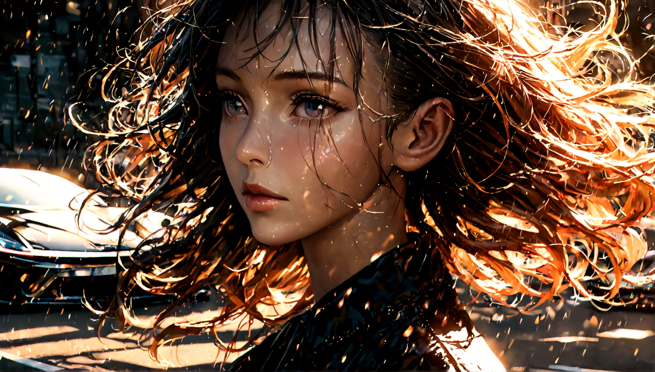 1 beautiful girl next to a black ferrari, detailed realistic portrait, delicate facial features, intricate details, cinematic lighting, dramatic atmosphere, photorealistic, 8k, high resolution, hyper-detailed, masterpiece, award winning, glossy car surface, reflective paint, dramatic shadows, natural skin textures, windblown hair, wind effects, cinematic composition, vibrant colors, cinematic color grading, dramatic lighting, high quality render