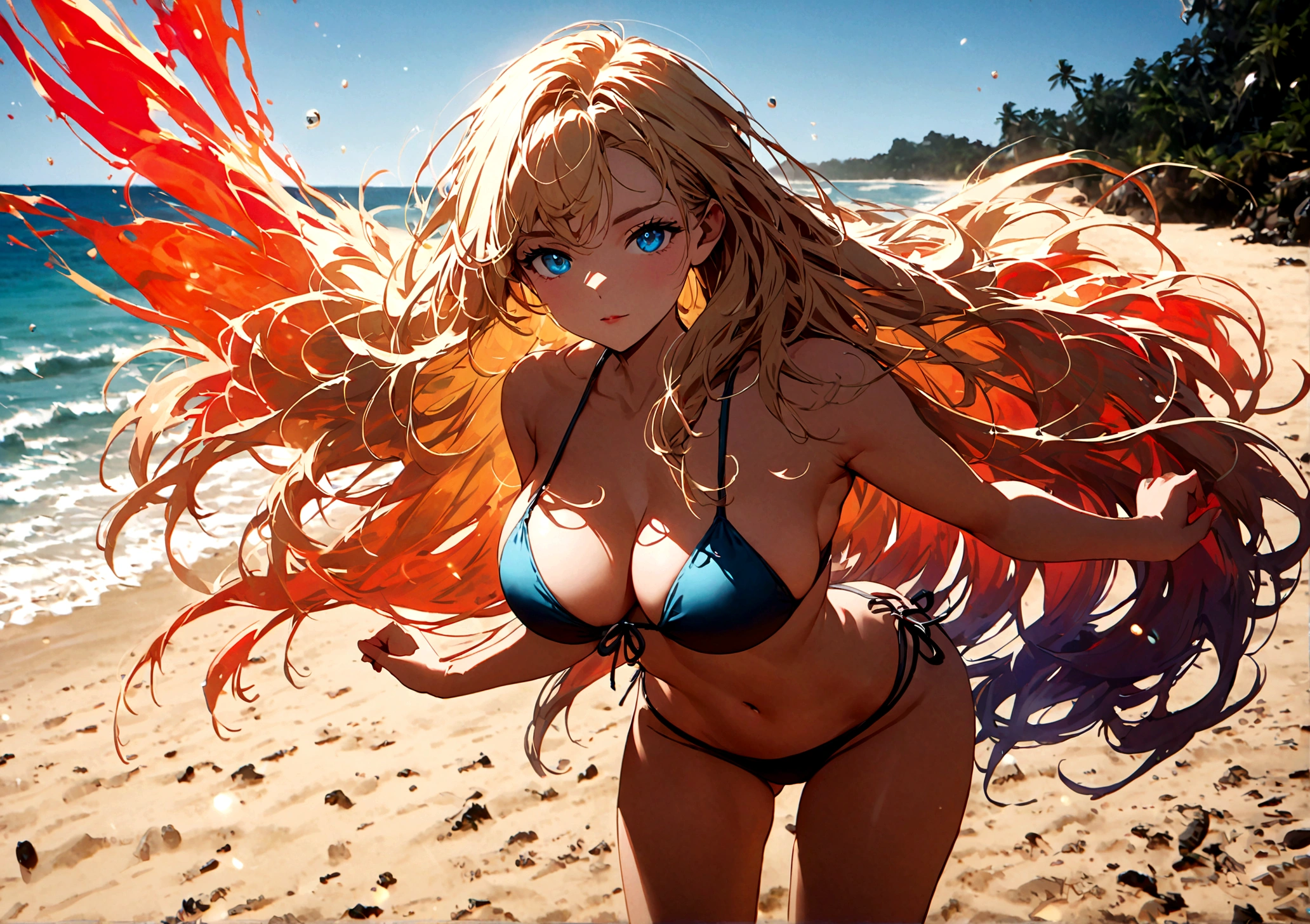 A young blonde woman with long hair and blue eyes wearing a bikini with big breasts poses in a sexy pose facing the sandy beach during the daytime.