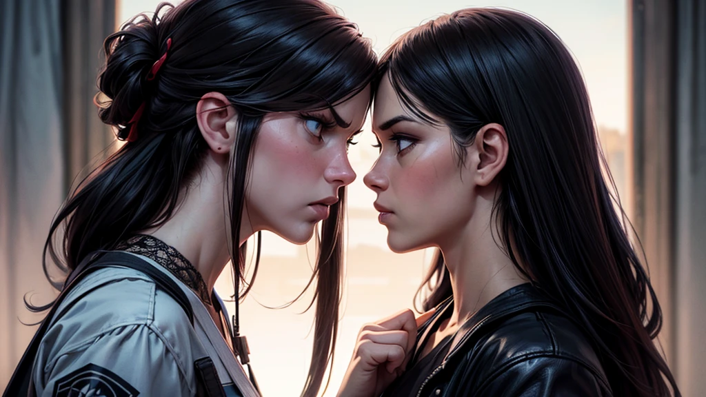Two Women、each other(Glaring at each other with expressions of disgust:1.9)、With an assault rifle、m4a1、high quality、8K、Photorealistic、Chiaroscuro Lighting、Dramatic Shadows、High contrast、Cinematic composition、Detailed facial features、Detailed clothing、Detailed Weapons
