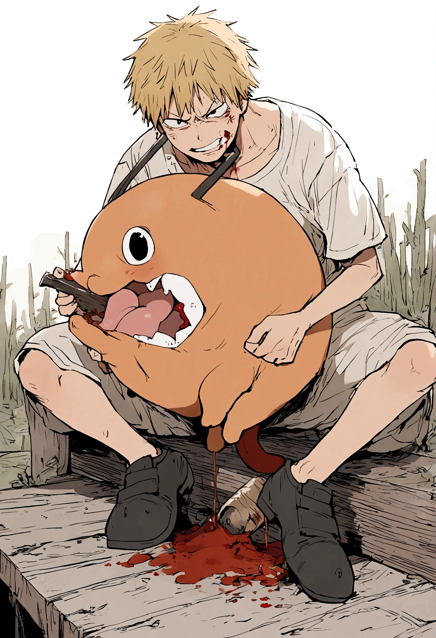 denji from chainsawman, eating pochita, blood, angry face, fullbody, sitting.