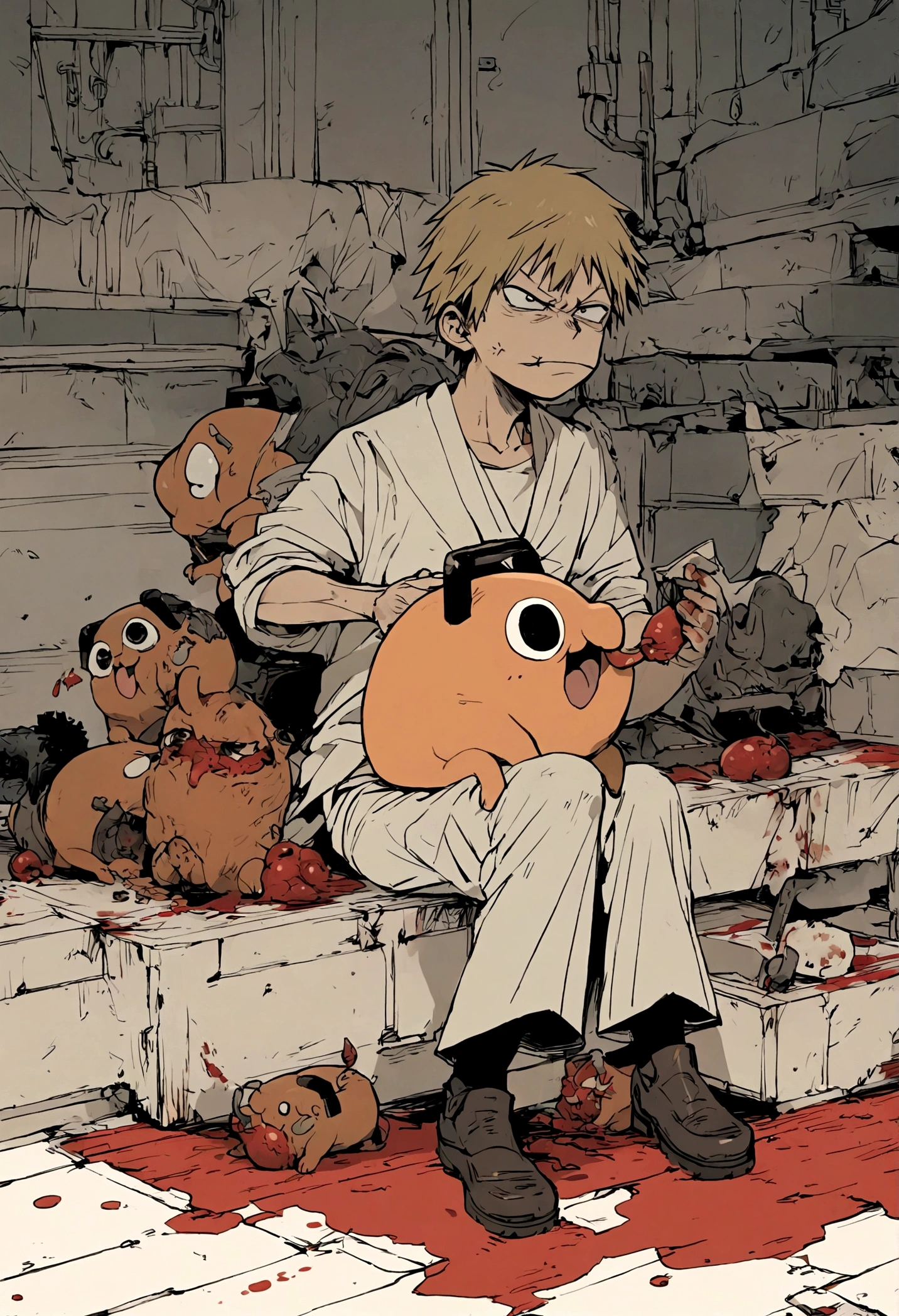 denji from chainsawman, eating pochita, blood, angry face, fullbody, sitting.