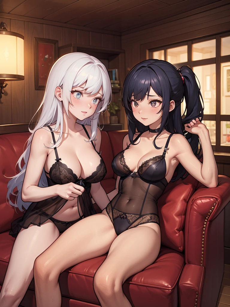 two women in black lingerie sitting on a sofa, modelo uniforme | digite germe, obras de arte no estilo de guweiz, alena aenami and digite germe, digite germe e atey ghailan, Alena Aenami e Lilia Alvarado, extremely detailed digite germe, digite germe and genzoman, style digite germe