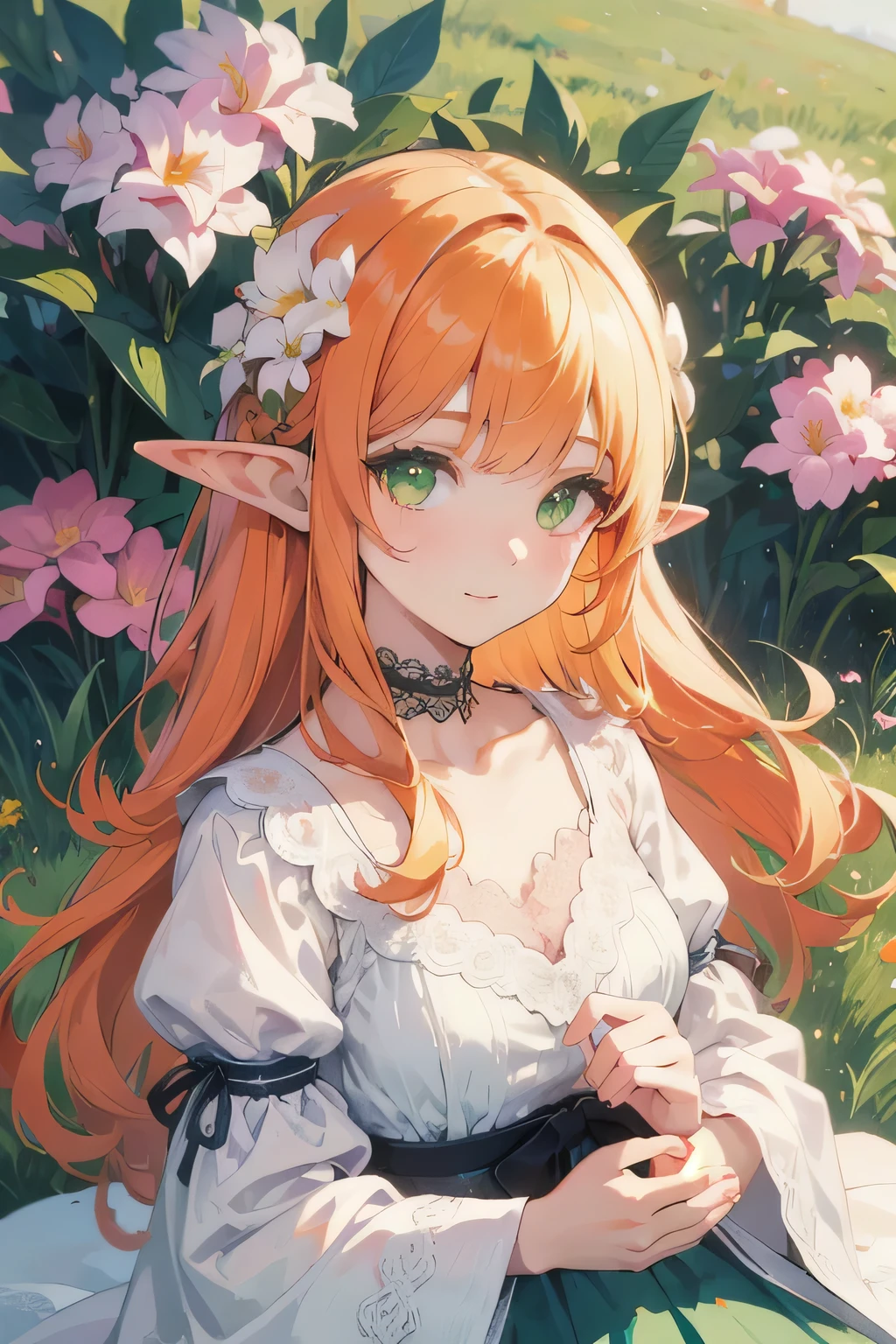 ((best quality)), ((masterpiece)), (detailed), perfect face, elf, young, girl, orange hair, long hair, green eyes, iris dress, flowers, pink flowers, happy, sunny, green grass, lawn, white lace choker, romantic, soft smile, looking at viewer, portrait, flat, ribbons、Blonde、
