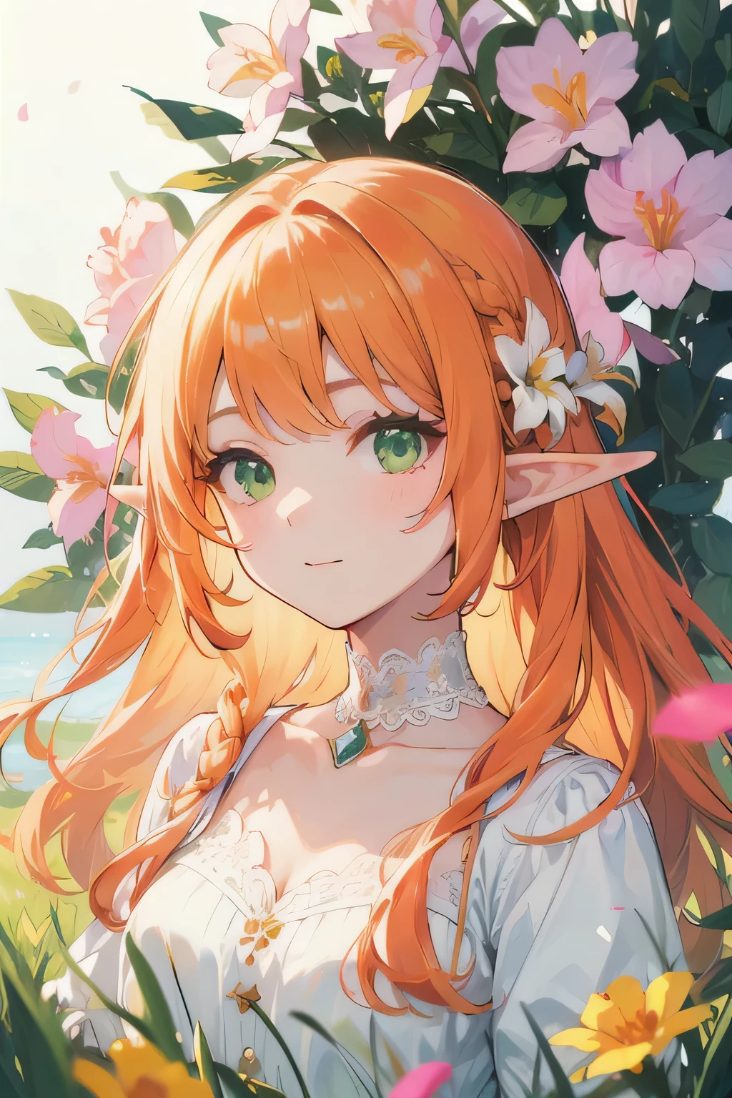 ((best quality)), ((masterpiece)), (detailed), perfect face, elf, young, girl, orange hair, long hair, green eyes, iris dress, flowers, pink flowers, happy, sunny, green grass, lawn, white lace choker, romantic, soft smile, looking at viewer, portrait, flat, ribbons、Blonde、