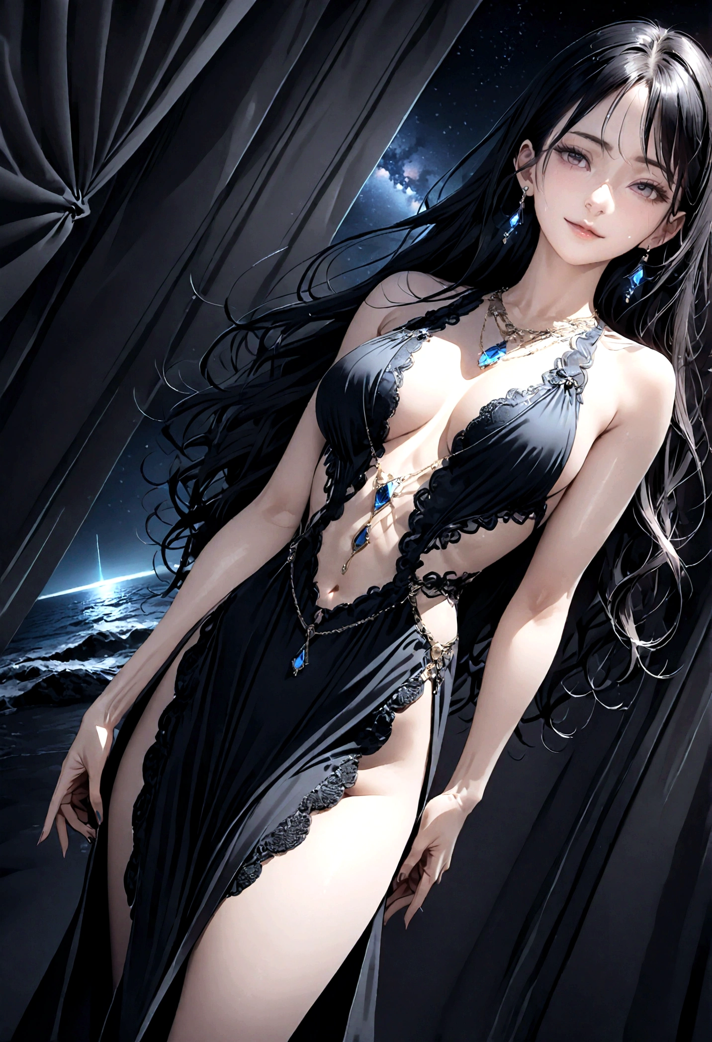 8k, masterpiece, RAW Photos, highest quality, Realistic, Very detailed, Depth of written boundary, Cinematic Light, Anatomically correct body,
An elegant beautiful mature woman, Very beautiful face, Exquisitely detailed face, (A gentle, calm face like a goddess:1.4), Very delicate skin texture, Transparent muscle, Shiny white skin, Glamorous Body,
(Wavy black long hair:1.2), Sexy Breasts, Sexy ass,
(Elegant lace slit long dress:1.4), (Detailed cloth texture:1.2), (Body chain accessory with detailed jewel studded embellishments:1.3), (Gorgeous necklace:1.1), (Gorgeous earrings:1.1),
(Dark starry background:1.4), (Milky Way:1.1), (milky way:1.1), (shooting star:1.1), (Dark coastline at night:1.4), (Pitch black sea surface:1.4),
(Low angle shot:1.8),