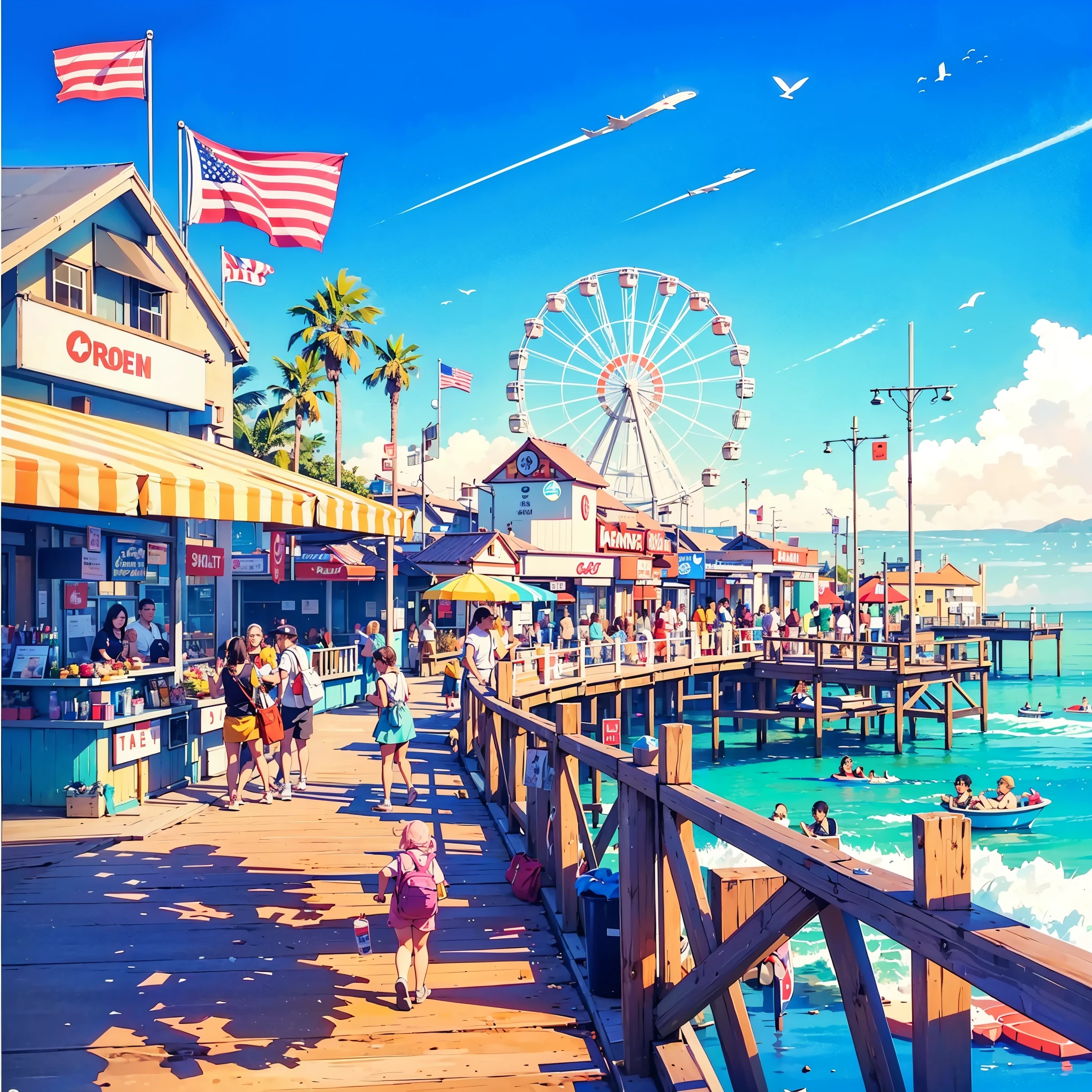 Fisherman's Wharf, Sunny day, bright colors, noon, depict both the walking area and the view of the pier. Objects to be added: restaurants, shops, an ice cream stand, a photo booth, a pier with seals, a large number of martins, amusement park on a pier in the distance, big Ferris wheel, brightly colored signs, arrows