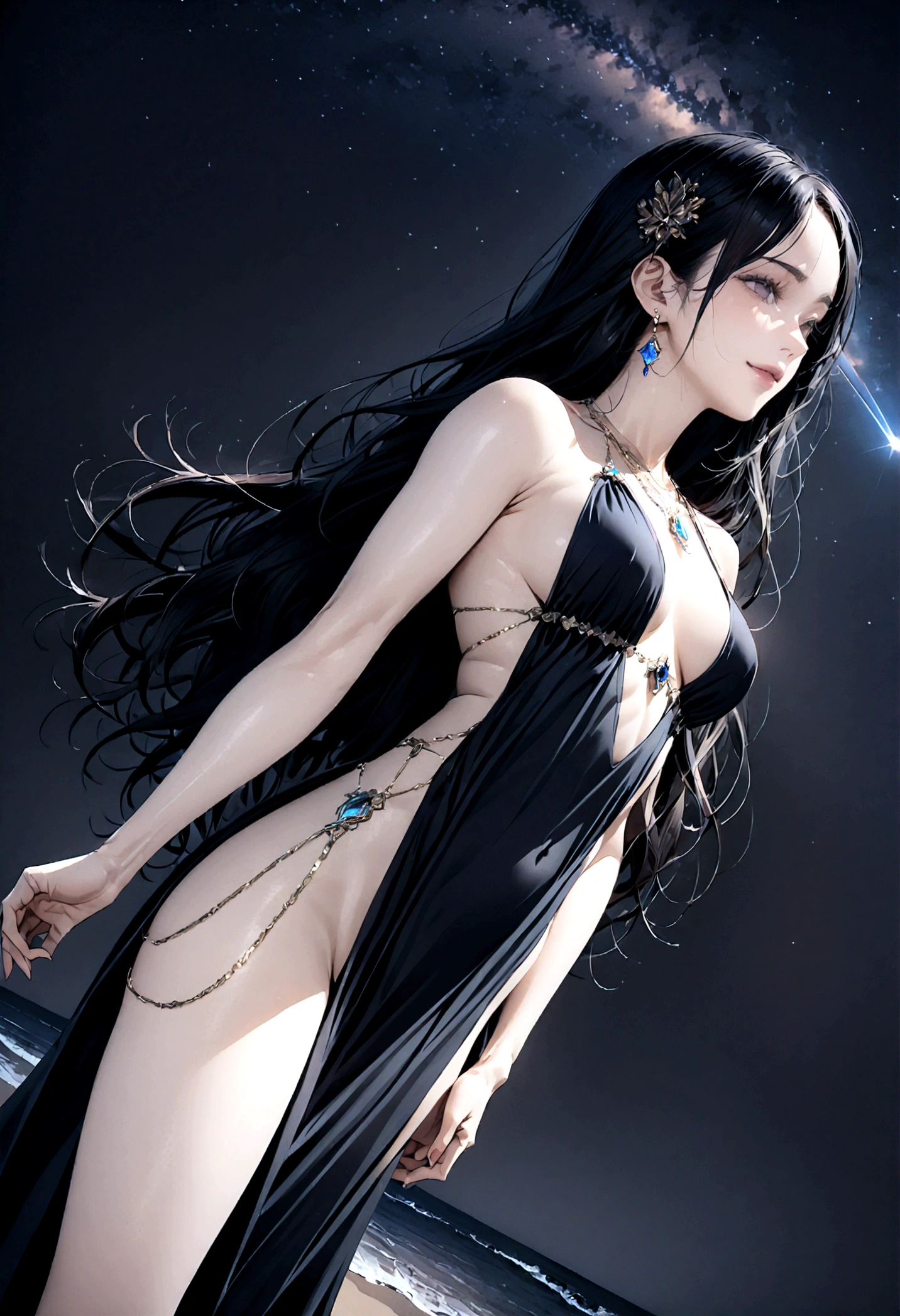 8k, masterpiece, RAW Photos, highest quality, Realistic, Very detailed, Depth of written boundary, Cinematic Light, Anatomically correct body,
An elegant beautiful mature woman, Very beautiful face, Exquisitely detailed face, (A gentle, calm face like a goddess:1.4), Very delicate skin texture, Transparent muscle, Shiny white skin, Glamorous Body,
(Wavy black long hair:1.2), Sexy Breasts, Sexy ass,
(Elegant lace slit long dress:1.4), (Detailed cloth texture:1.2), (Body chain accessory with detailed jewel studded embellishments:1.3), (Gorgeous necklace:1.1), (Gorgeous earrings:1.1),
(Dark starry background:1.4), (Milky Way:1.1), (milky way:1.1), (shooting star:1.1), (Dark coastline at night:1.4), (Pitch black sea surface:1.4),
(Low angle shot:1.8),