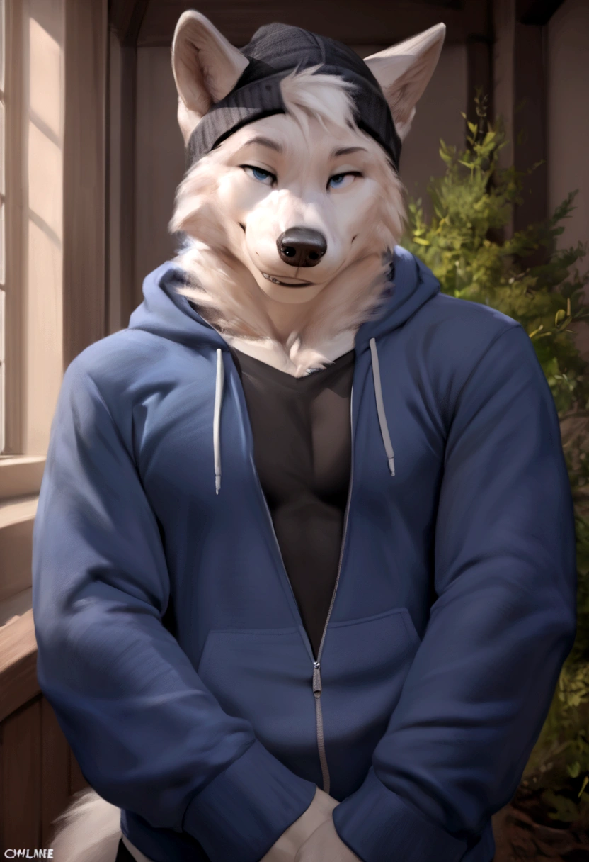 4k, high resolution, best quality, perfect colors, perfect shadows, perfect lighting, posted on e621, furry body, solo, medium full shot, anthro gray wolf, gray and white fur, sleep deprived, irritated eyes, wearing a t shirt with a death metal band logo, wearing a black open zipped down hoodie with the hood down, (anatomically correct wolf tail, detailed fingers, male, (middle-aged, mature:1.2), (skinny, average body), correct anatomy, (photorealistic fur, detailed fur, epic, masterpiece:1.2), (big modern background), (by Taran Fiddler, by Chunie, by Rukis, Bonifasko lighting), (standing), detailed blue eyes, smiling half-heartedly at the viewer, the hoodie is zipped down and showing the t shirt, the hood on the hoodie is down, t shirt is visible, head is fully visible, wearing a black beanie, he is not wearing the hood, the shirt can be seen under the hoodie
