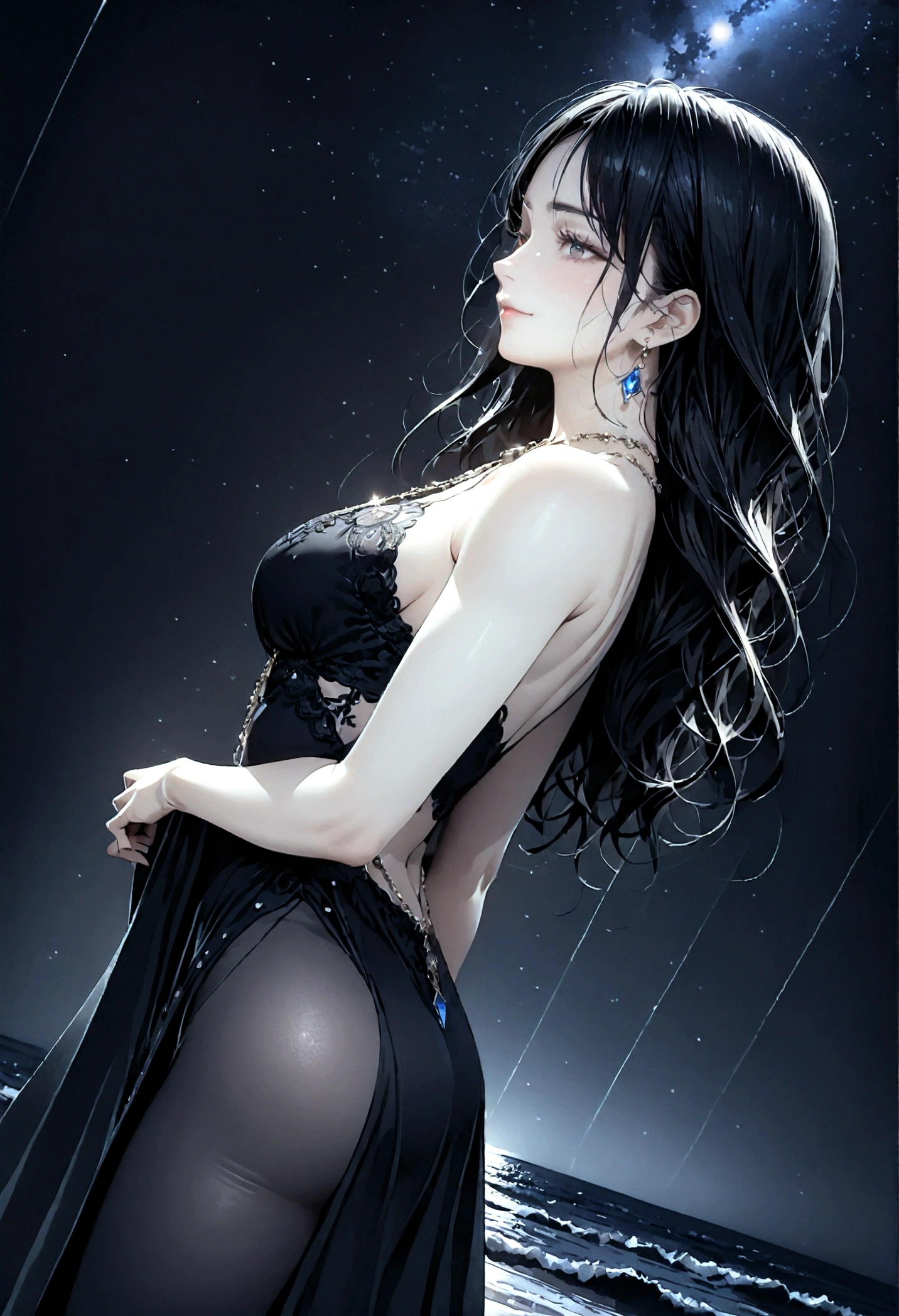 8k, masterpiece, RAW Photos, highest quality, Realistic, Very detailed, Depth of written boundary, Cinematic Light, Anatomically correct body,
An elegant beautiful mature woman, Very beautiful face, Exquisitely detailed face, (A gentle, calm face like a goddess:1.4), Very delicate skin texture, Transparent muscle, Shiny white skin, Glamorous Body,
(Wavy black long hair:1.2), Sexy Breasts, Sexy ass,
(Elegant lace slit long dress:1.4), (Detailed cloth texture:1.2), (Body chain accessory with detailed jewel studded embellishments:1.3), (Gorgeous necklace:1.1), (Gorgeous earrings:1.1),
(Dark starry background:1.4), (Milky Way:1.1), (milky way:1.1), (shooting star:1.1), (Dark coastline at night:1.4), (Pitch black sea surface:1.4),
(Low angle shot:1.8),