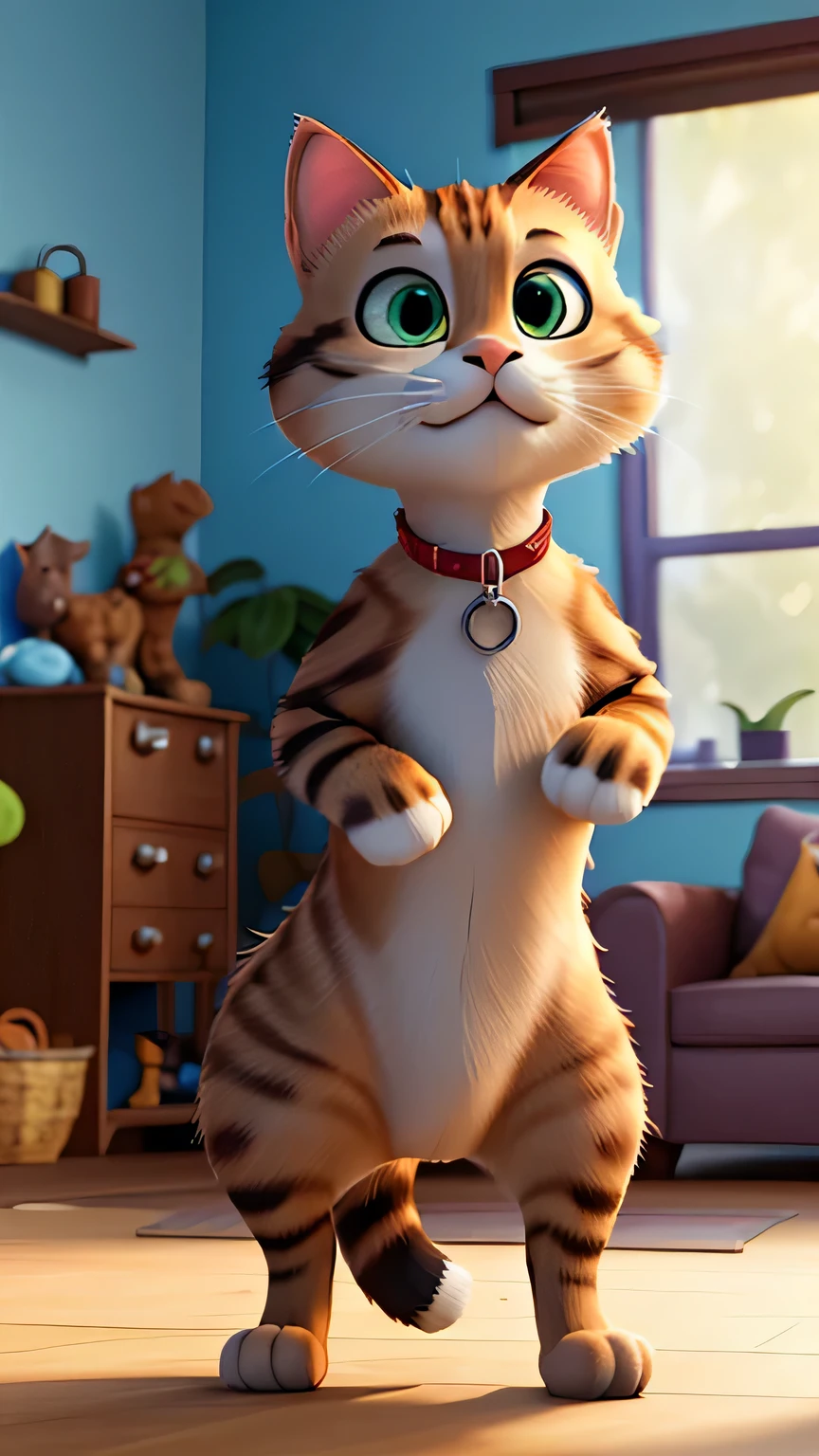 The cat showing off its new strength and confidence. The cat in Pixar style, now visibly stronger and more confident, flexing its muscles with a proud expression and large, confident eyes. The background shows the home gym with vibrant colors, exercise equipment, and warm sunlight highlighting the cat’s new physique. Created Using: Pixar-like 3D animation, vibrant and warm colors, expressive character movements, dynamic lighting, detailed textures, hd quality, natural look