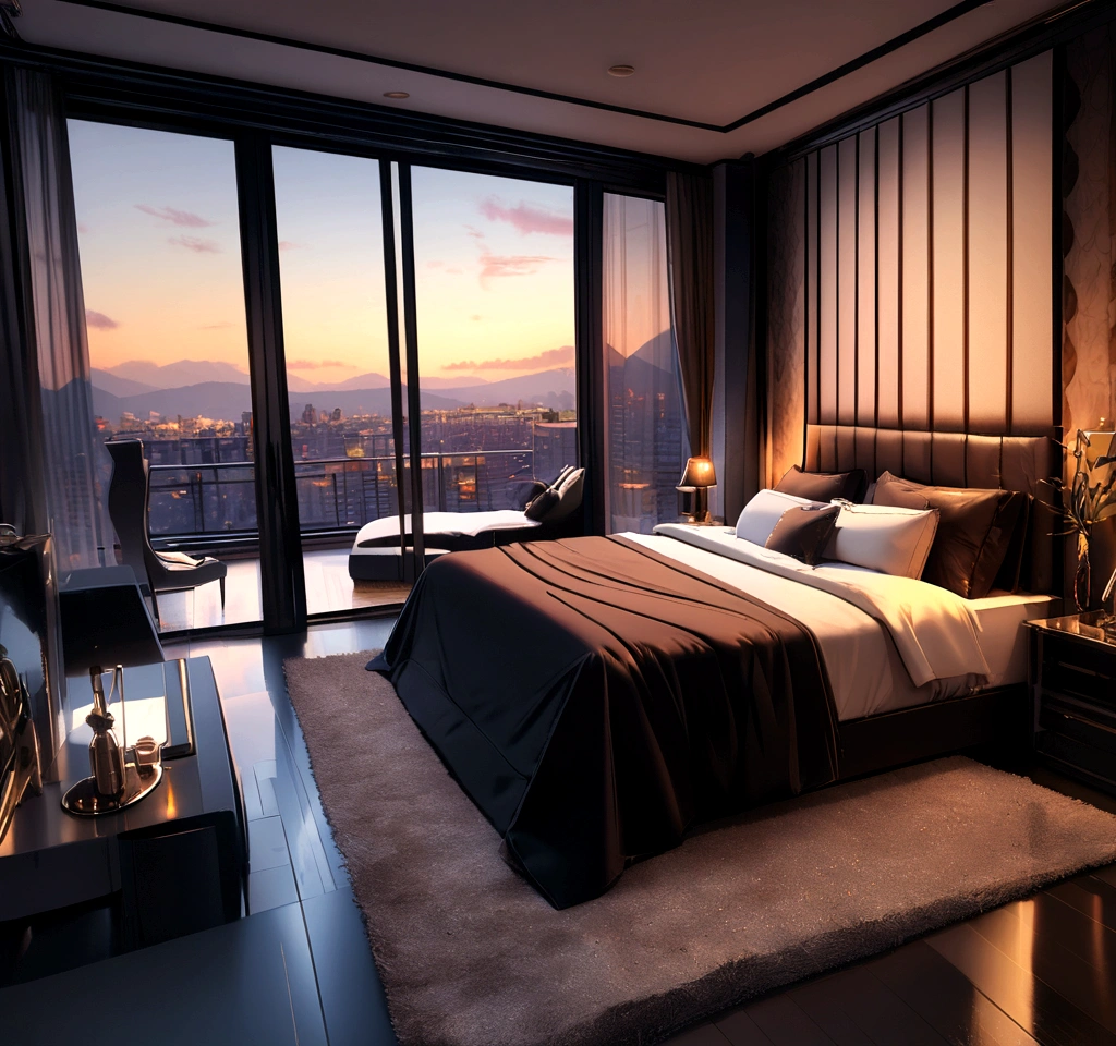 A cosy dark themed modern bedroom, luxury, high class, amazing views, golden hour