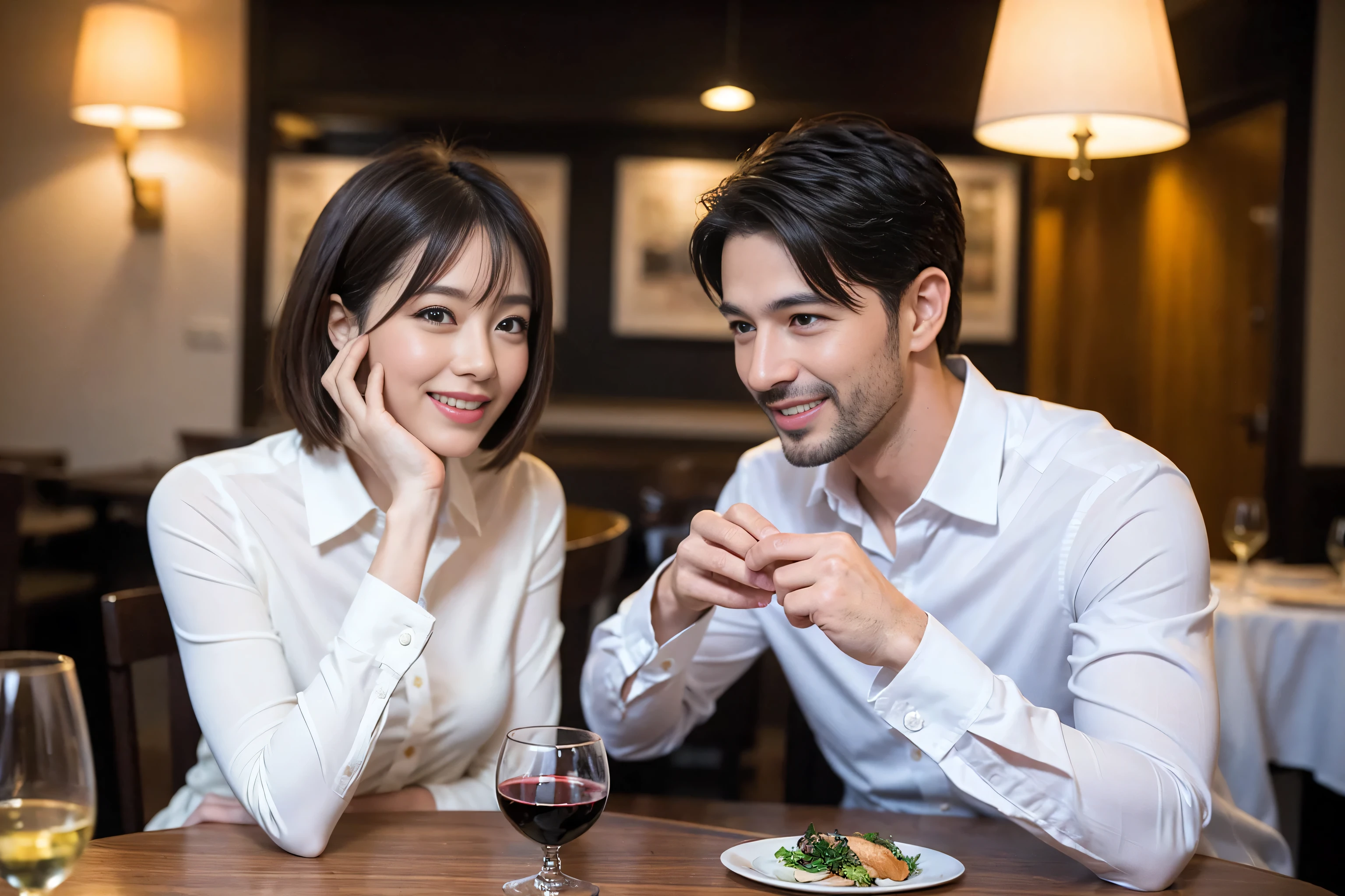 ((highest quality、8k、masterpiece:1.3))、 (Genuineistic, Genuine、Bright image、Intricate details:1.2), 1 male、1 female、Kimura Fumino-like beautiful Couple、spouse、Couple、spouse、Beautiful Couple、Smile、full-course dinner、 (Slim face), (The body is slim), (Brown Hair), (short hair), Wine glass on the table、Please shine a light on my face、 Amazing view of the sunset sky and clouds、 (Age 35), 39 years old, red wine 、Appetizers、Wine bottle、sparkling wine、Long sleeve shirt、dress、White wine, red wine, wine glass, 