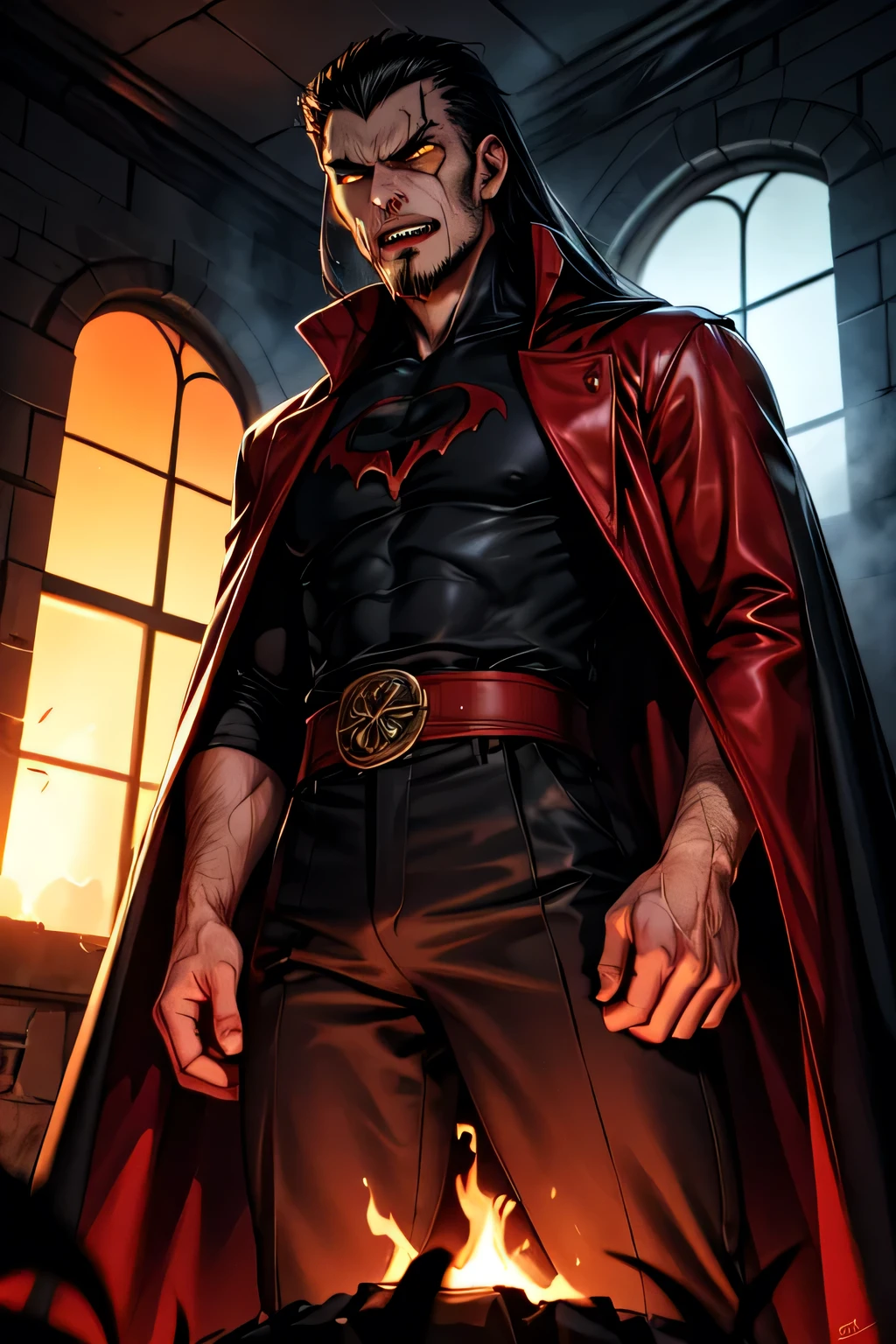 Dracula tall,strong male,red jacket,black tshirt,black flying cape,evil face,blood staine long teeth,angry looking, standing inside a dark haunted room orangish yellow light