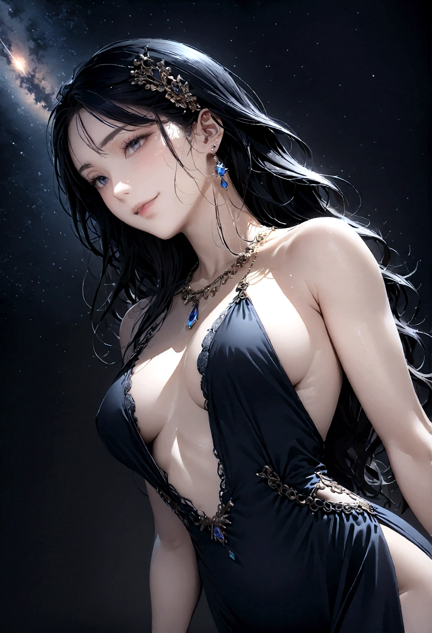 8k, masterpiece, RAW Photos, highest quality, Realistic, Very detailed, Depth of written boundary, Cinematic Light, Anatomically correct body,
An elegant beautiful mature woman, Very beautiful face, Exquisitely detailed face, (A gentle, calm face like a goddess:1.4), Very delicate skin texture, Transparent muscle, Shiny white skin, Glamorous Body,
(Wavy black long hair:1.2), Sexy Breasts, Sexy ass,
(Elegant lace slit long dress:1.4), (Detailed cloth texture:1.2), (Body chain accessory with detailed jewel studded embellishments:1.3), (Gorgeous necklace:1.1), (Gorgeous earrings:1.1),
(Dark starry background:1.4), (Milky Way:1.1), (milky way:1.1), (shooting star:1.1), (Dark coastline at night:1.4), (Pitch black sea surface:1.4),
(Low angle shot:1.8),