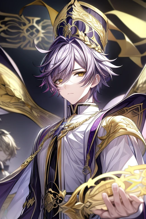 (masterpiece, best quality, perfect face, expressive eyes), 1boy, (anime), (male), purple hair, (yellow eyes), white priest attire, white mitre, intricate details, gold wreath