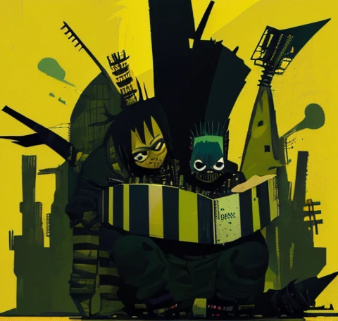 drawing of a cartoon character with spikes on his head, 2d from gorillaz, 2 d from gorillaz, inspired by Sadao Watanabe, 2 d gorillaz, minion as a darksouls boss, basquiat style, gorillaz style, inspired by Jean-Michel Basquiat, gorillaz phase 1, gorillaz art