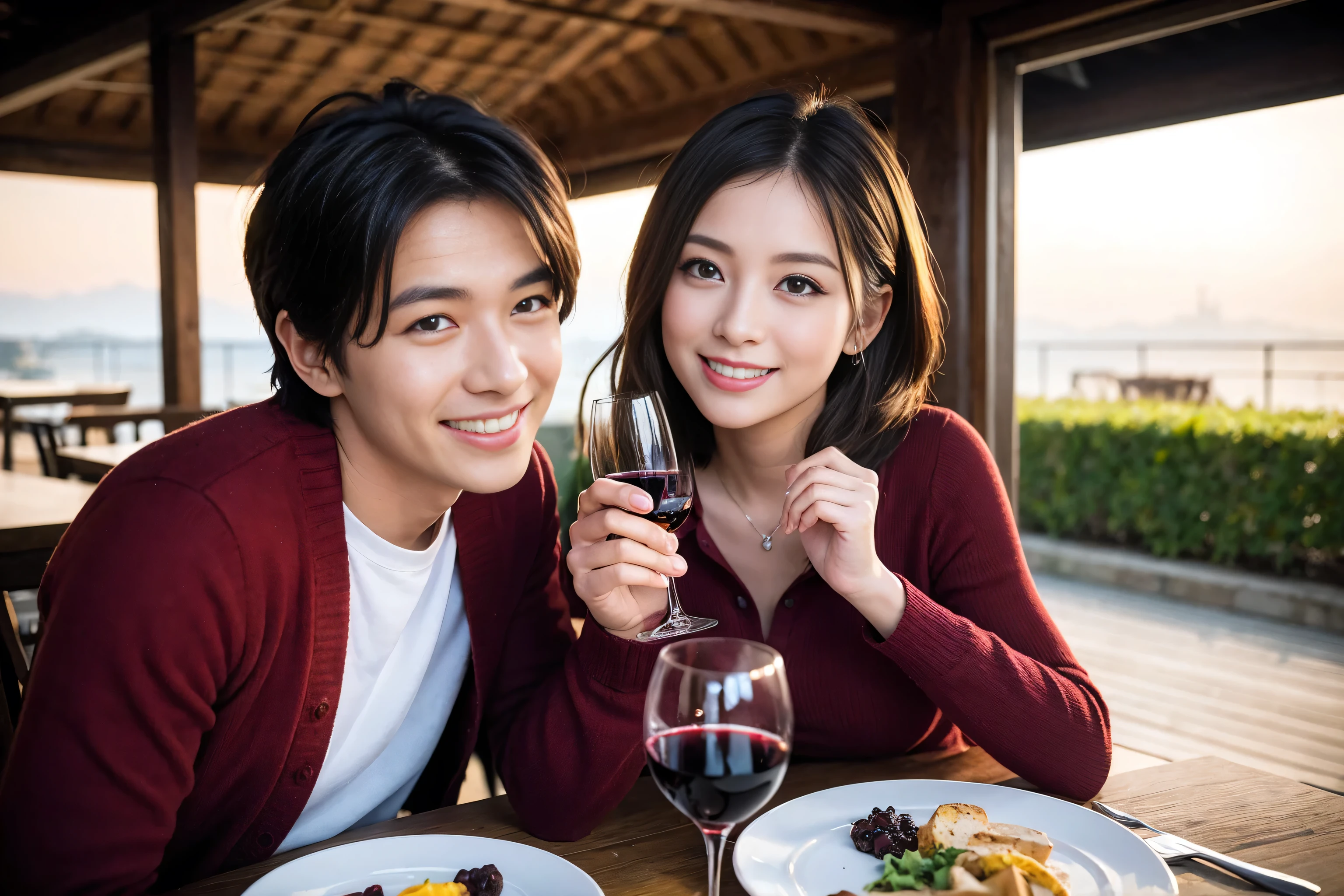 ((highest quality、8k、masterpiece:1.3))、 (Genuineistic, Genuine、Bright image、Intricate details:1.2), 1 male、1 female、Kimura Fumino-like beautiful Couple、spouse、Couple、spouse、Beautiful Couple、Smile、full-course dinner、 (Slim face), (The body is slim), (Brown Hair), (short hair), Wine glass on the table、Please shine a light on my face、 Amazing view of the sunset sky and clouds、 (Age 35), 39 years old, red wine 、Appetizers、Wine bottle、sparkling wine、Long sleeve shirt、dress、White wine, red wine, wine glass, 