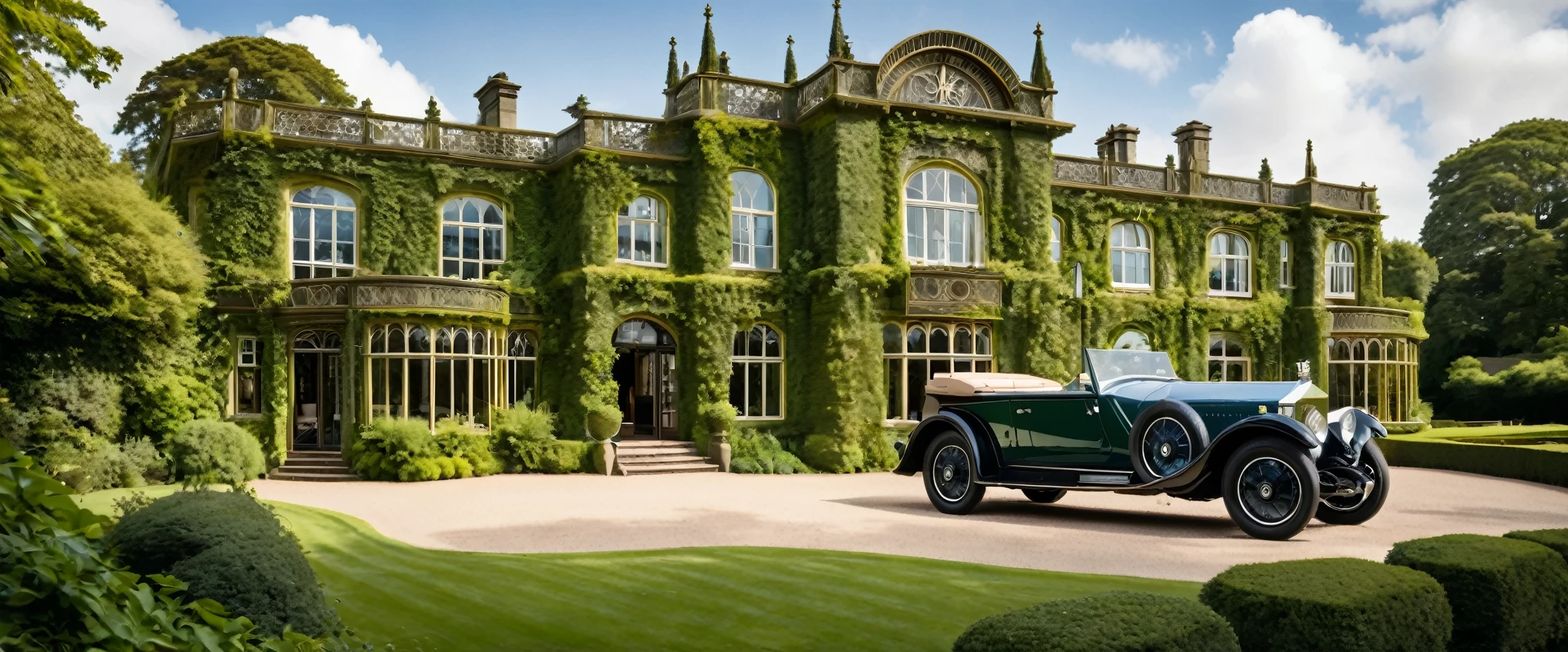 An extravagant 1920s Rolls Royce showroom, with intricate carvings and intricate details, surrounded by the lush greenery of the English countryside.