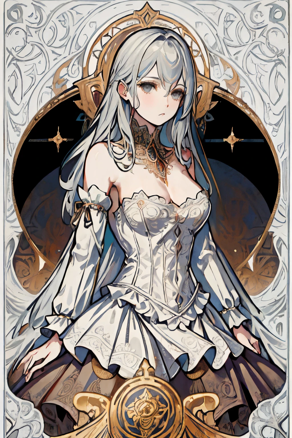 ((best quality)), ((masterpiece)), (detailed), 1girl, Character design, female, dynamic poses, long white grey hair, grey white eyes, very skinny, detailed, best quality, no accesoires around the neck, no shoes, prominent collarbones, skinny arms, flat stomach, visible hip bones, full body, blank white background, plain background, white background, red and white clothing, Bloodborne inspired, occult aesthetic, occult, detailed and intricate steampunk and detailed gothic, NSFW, Very dramatic and cinematic lighting, cosmic horror, grim-dark, side-lighting, perfect face, NSFW, Fluttering lace flared long knee length dress with frilly petticoats, knee length dress, pleated petticoats, petticoats gothic, complex lace boots, side-lighting, gothic aesthetic, wielding a mighty sword with mechanical components, mandalas, small breasts, a fairy, various different types of insect wings, NSFW, full body, whole body, body, plain background, white background, blank background, no background, white background NSFW, chains, full body, whole body, head-to-toe NSFW