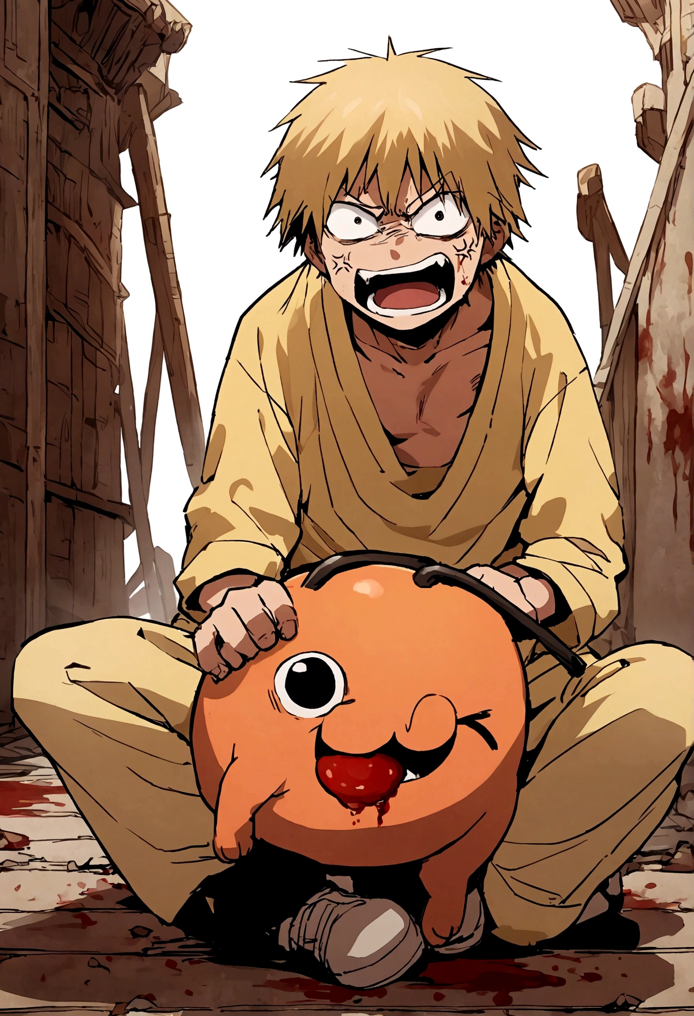 denji from chainsawman, eats pochita, blood, angry face, fullbody, sitting.