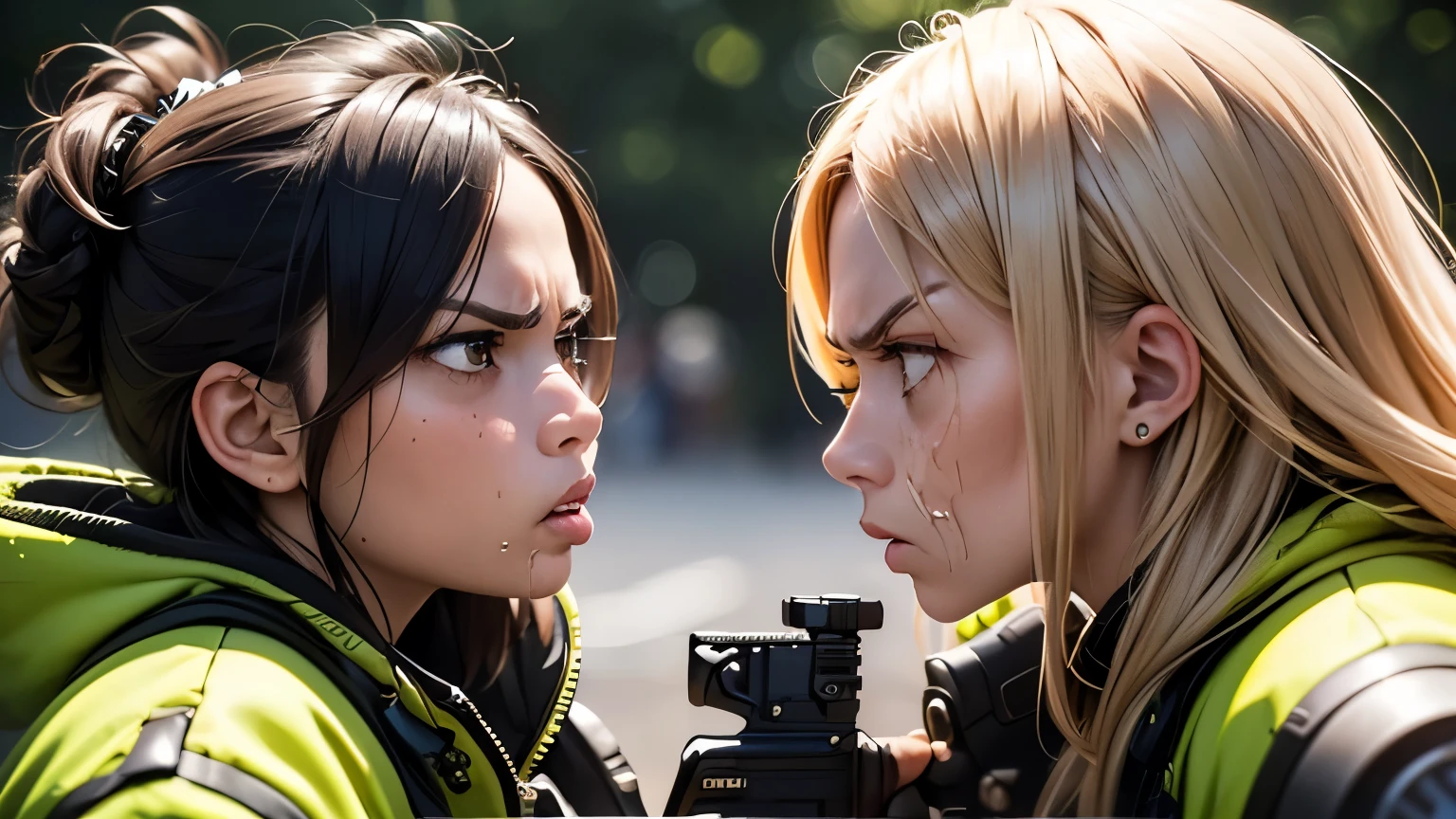 Two Women、each other(Glaring at each other with expressions of disgust:1.9)、With an assault rifle、