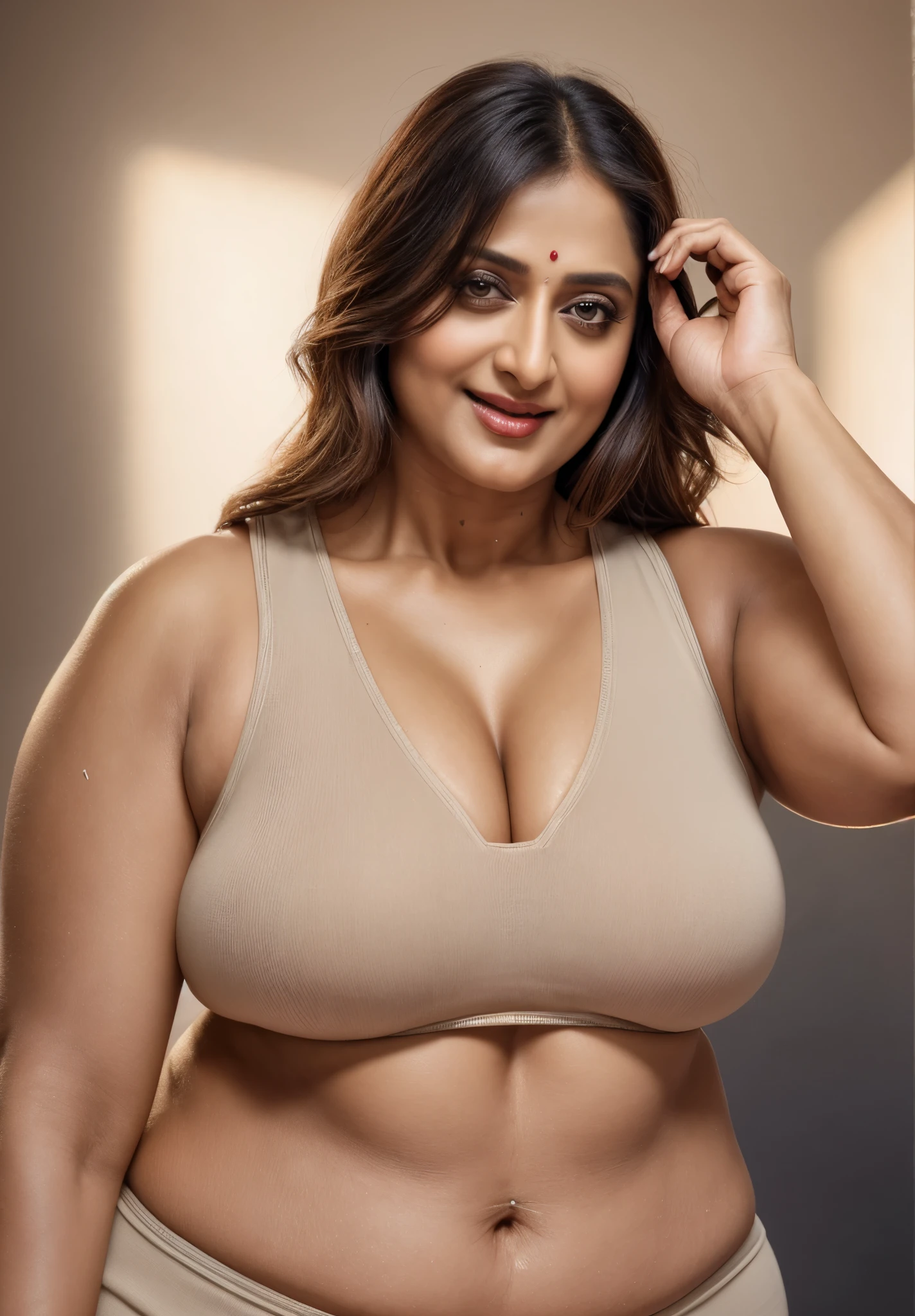 50yo mature MILF Anushka Shetty,((best quality)), ((masterpiece)), ((realistic)), eye kajal, eye liner, mascara, light red lips, curvy hot mommy figure, sensual Beauty, provoking body, extreme sweat, sweat soaked skin, slight stretch marks, alluring figure, bulging figure, thick charming lady, curvy, thick navel, full figured woman, eye kajal, massive breast, full body, styled hair, pierced eyes, female face,royal aura, trend on artstation , sharp focus, studio photo, intricate detail, very detailed, detailed eye, illustration, very detailed, sharp focus, digital render, professional, 4k