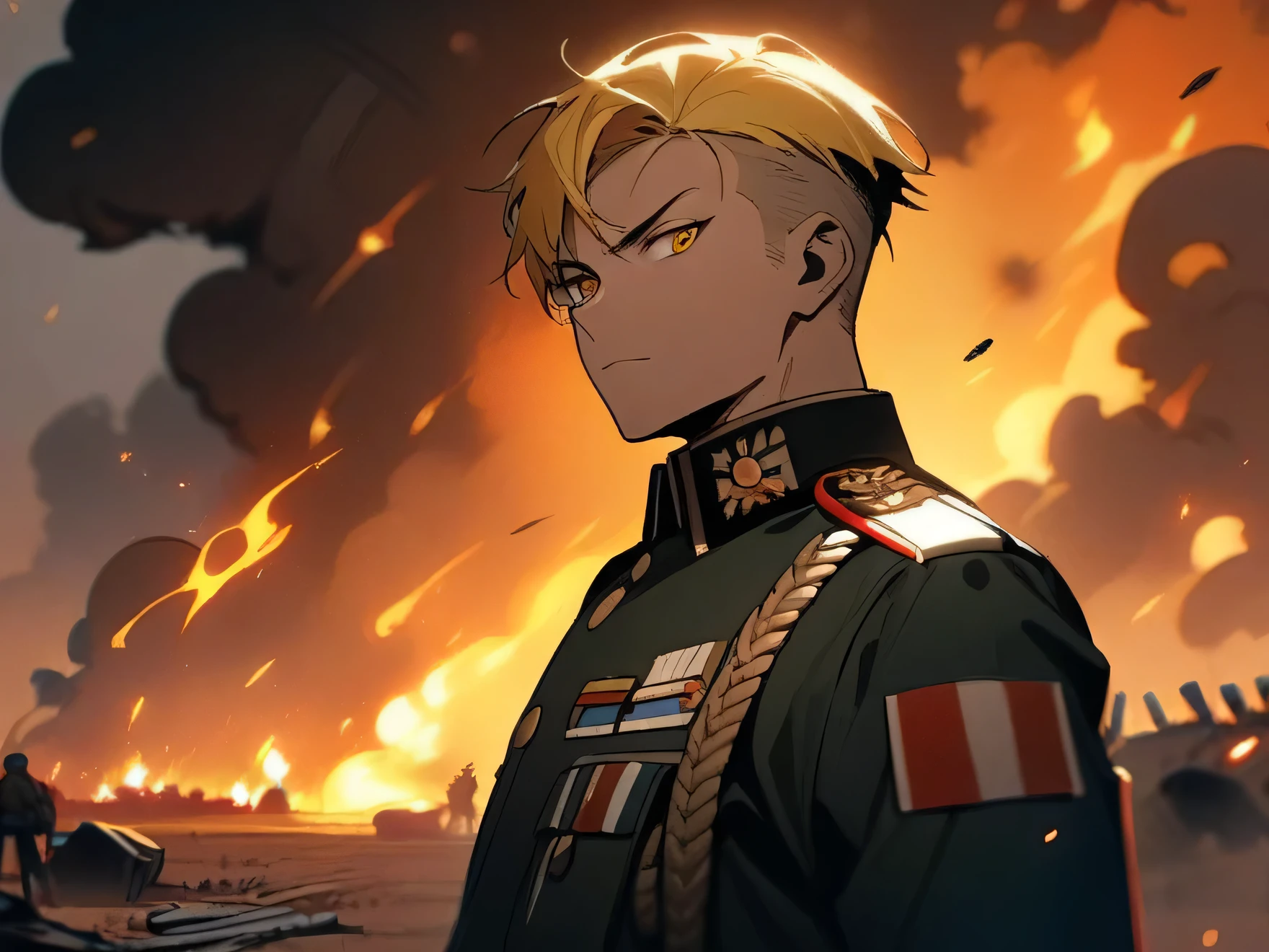 1man, yellow undercut hairstyle, yellow eyes,russian army commander outfit,battlefield,smoke,fire sparks,looking to viewer,masterpiece,best quality