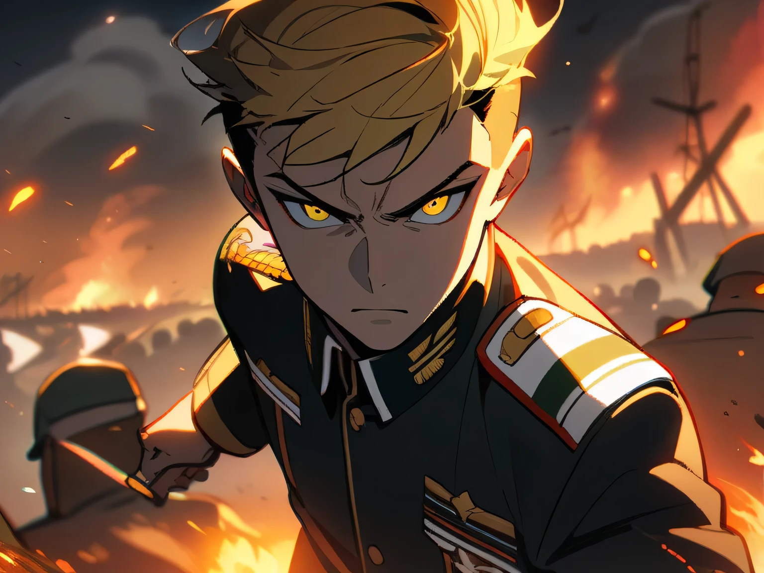 1man, yellow undercut hairstyle, yellow eyes,russian army commander outfit,battlefield,smoke,fire sparks,looking to viewer,masterpiece,best quality