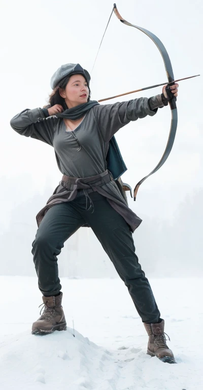 A girl who draws a bow and shoots arrows,Wearing brimmed hat, Wearing cloak, Wearing long light-grey tactical pants tucked into hiking boots, eighteen year old girl, Black hair, Blue eyed
Gray cape hangs down her back to the back of her knees and tied around her neck, dark green tee shirt,
Urban apocalypse, a smoke pillar rises from a burning house behind her, ash and paper scattered across the street, some houses have collapsed,