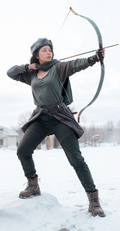 A girl who draws a bow and shoots arrows,Wearing brimmed hat, Wearing cloak, Wearing long light-grey tactical pants tucked into hiking boots, eighteen year old girl, Black hair, Blue eyed
Gray cape hangs down her back to the back of her knees and tied around her neck, dark green tee shirt,
Urban apocalypse, a smoke pillar rises from a burning house behind her, ash and paper scattered across the street, some houses have collapsed,