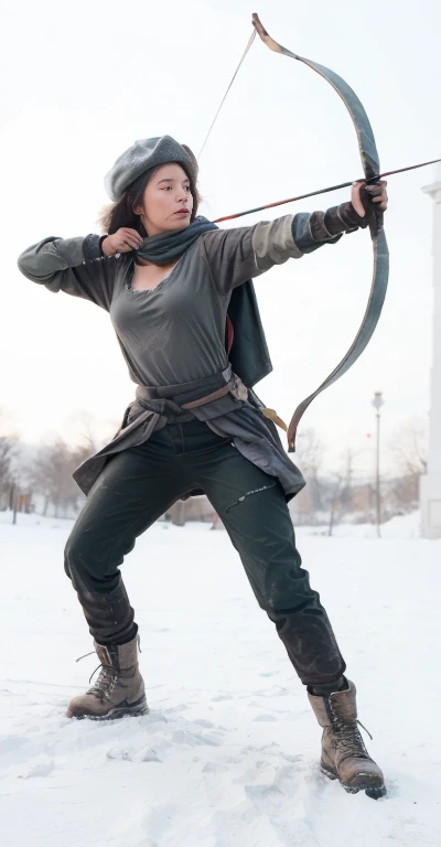 A girl who draws a bow and shoots arrows,Wearing brimmed hat, Wearing cloak, Wearing long light-grey tactical pants tucked into hiking boots, eighteen year old girl, Black hair, Blue eyed
Gray cape hangs down her back to the back of her knees and tied around her neck, dark green tee shirt,
Urban apocalypse, a smoke pillar rises from a burning house behind her, ash and paper scattered across the street, some houses have collapsed,