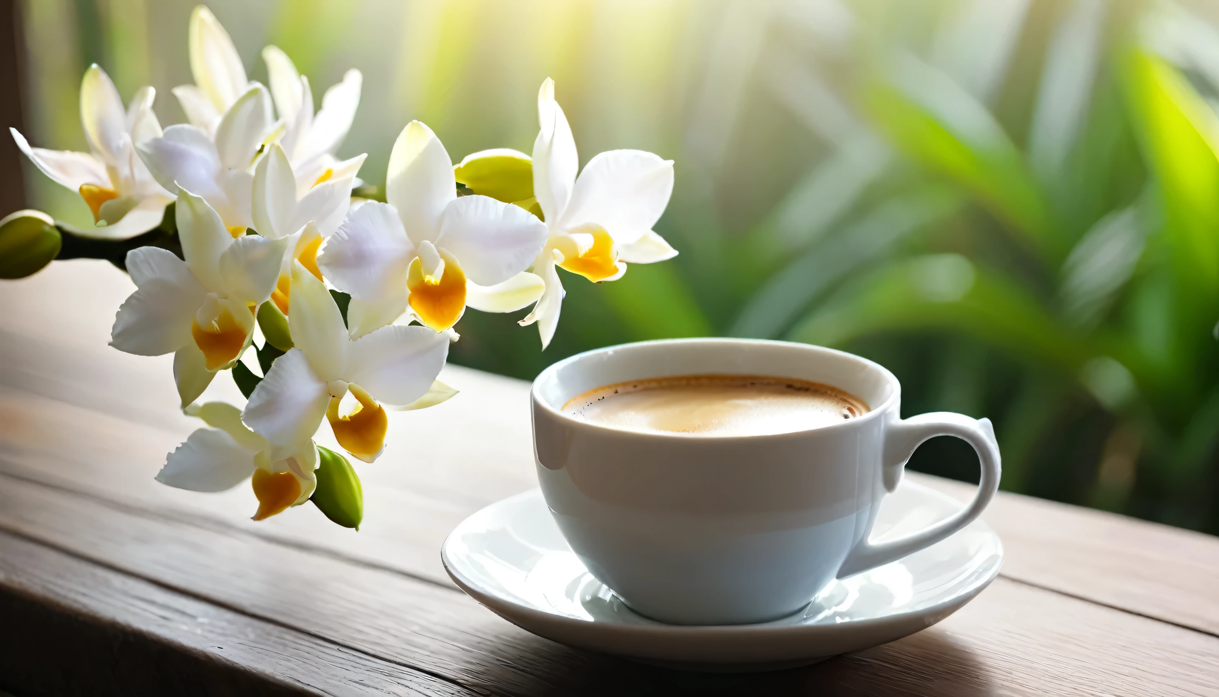 Close-up bouquet of dendrobium flowers lying flat on wooden table，Beautifully, Soft light and shadow，beautiful and bright，Take away a cup of coffee on a fresh and bright morning。from a bird&#39;s point of view&#39;Perspective，Bokeh background adds romantic atmosphere，There are no characters in the whole scene，Seems extremely peaceful and comfortable，With window background，Fresh and bright bokeh background