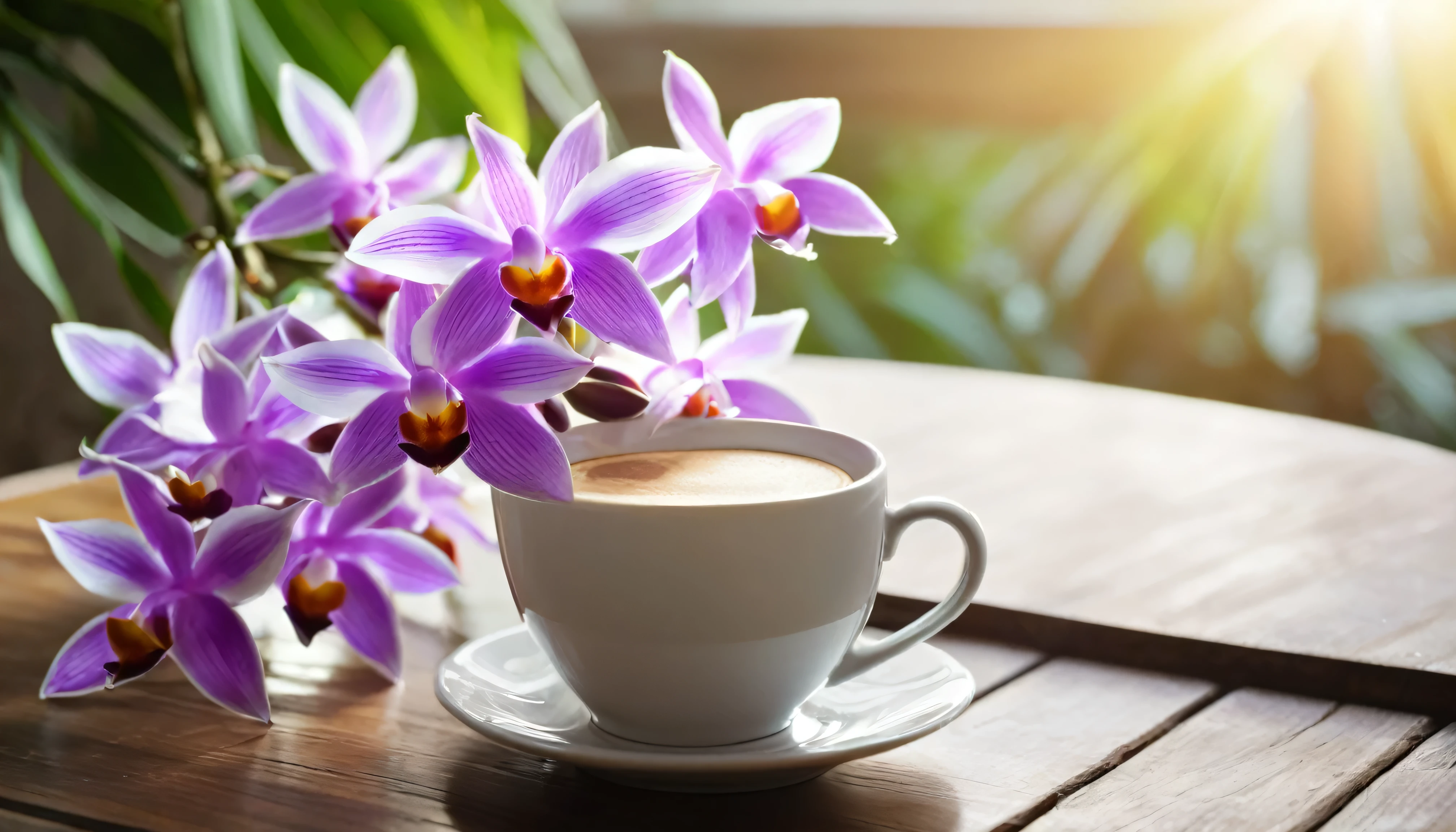 Close-up bouquet of dendrobium flowers lying flat on wooden table，Beautifully, Soft light and shadow，beautiful and bright，Take away a cup of coffee on a fresh and bright morning。from a bird&#39;s point of view&#39;Perspective，Bokeh background adds romantic atmosphere，There are no characters in the whole scene，Seems extremely peaceful and comfortable，With window background，Fresh and bright bokeh background