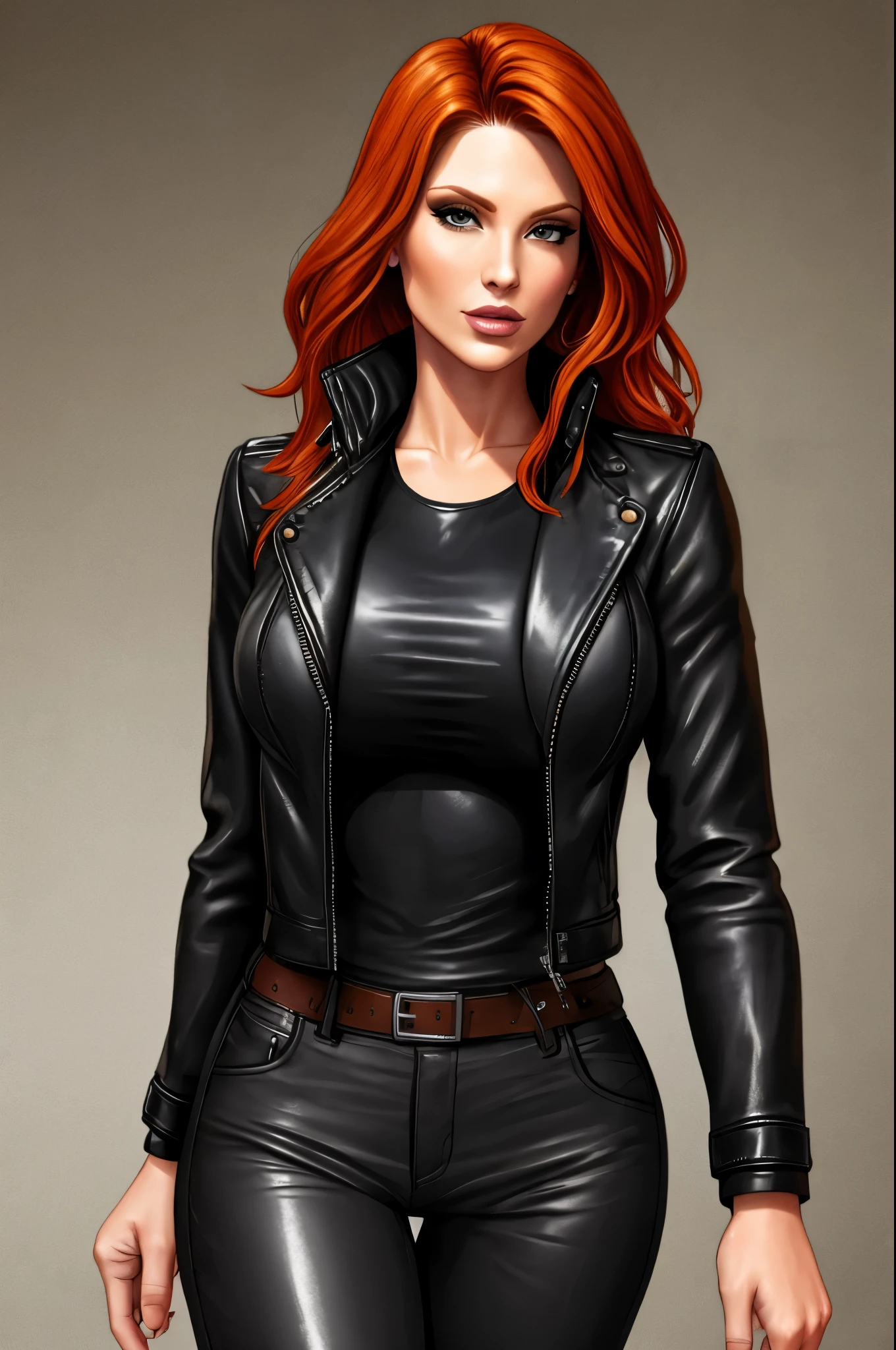 Jennifer Korbin, ginger hair, black leather jacket