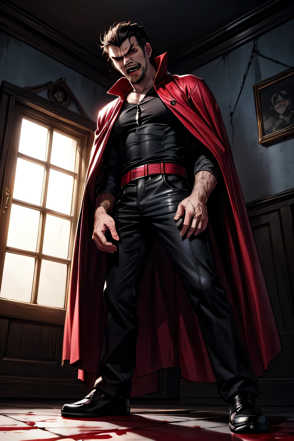 Dracula tall,strong male,red jacket,black tshirt,black flying cape,evil face,blood staine long teeth,angry looking, standing inside a dark haunted room standing middle of the house straight camera angle
