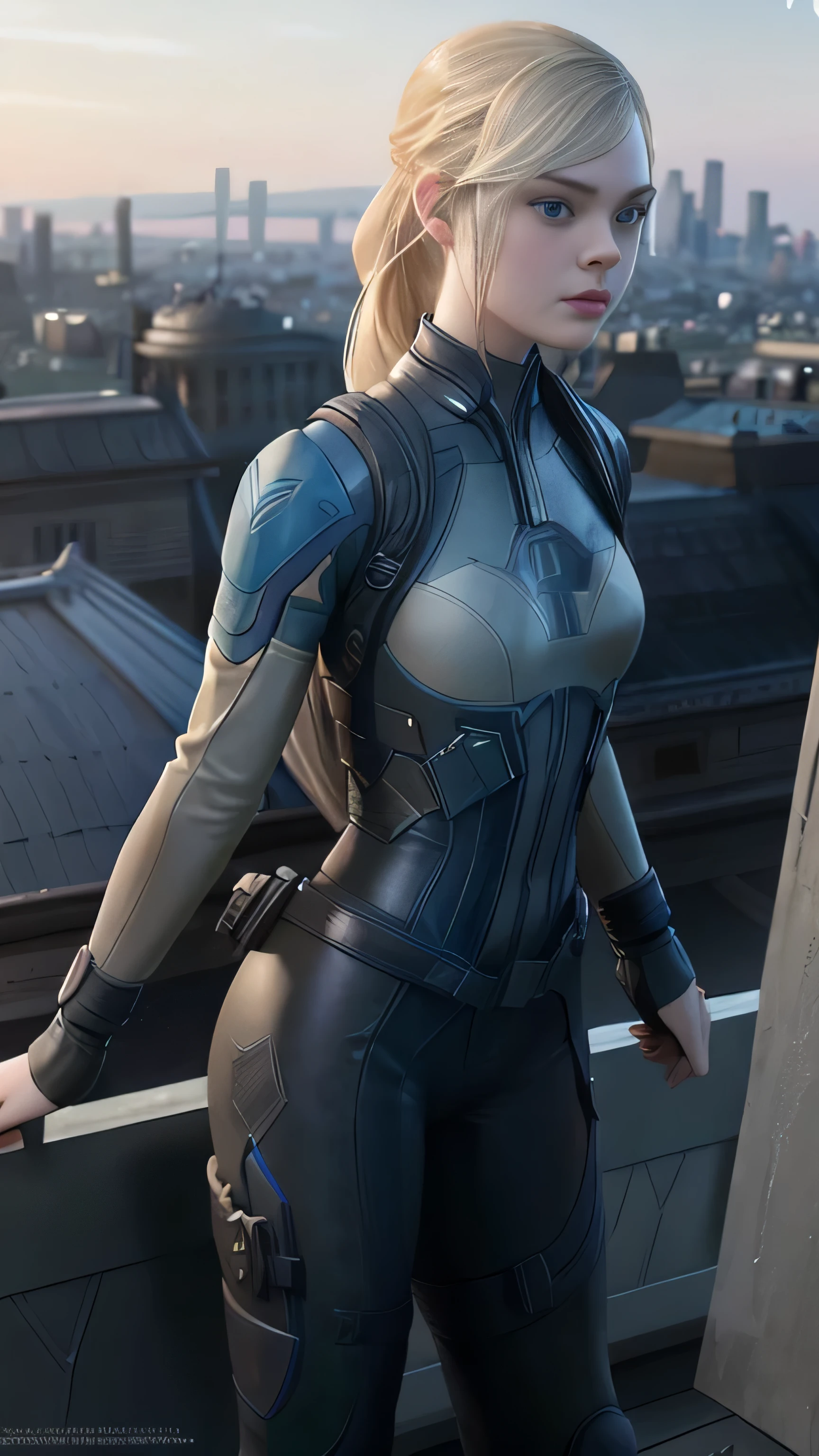 (Elle Fanning) as Cassie Cage from Mortal Kombat, long hair, blonde hair, chic outfit, overlooking the city from a rooftop bar at night, standing, 1woman, solo, full body view, front view, looking at viewer, intricate, high detail, sharp focus, dramatic, photorealistic painting art by greg rutkowski