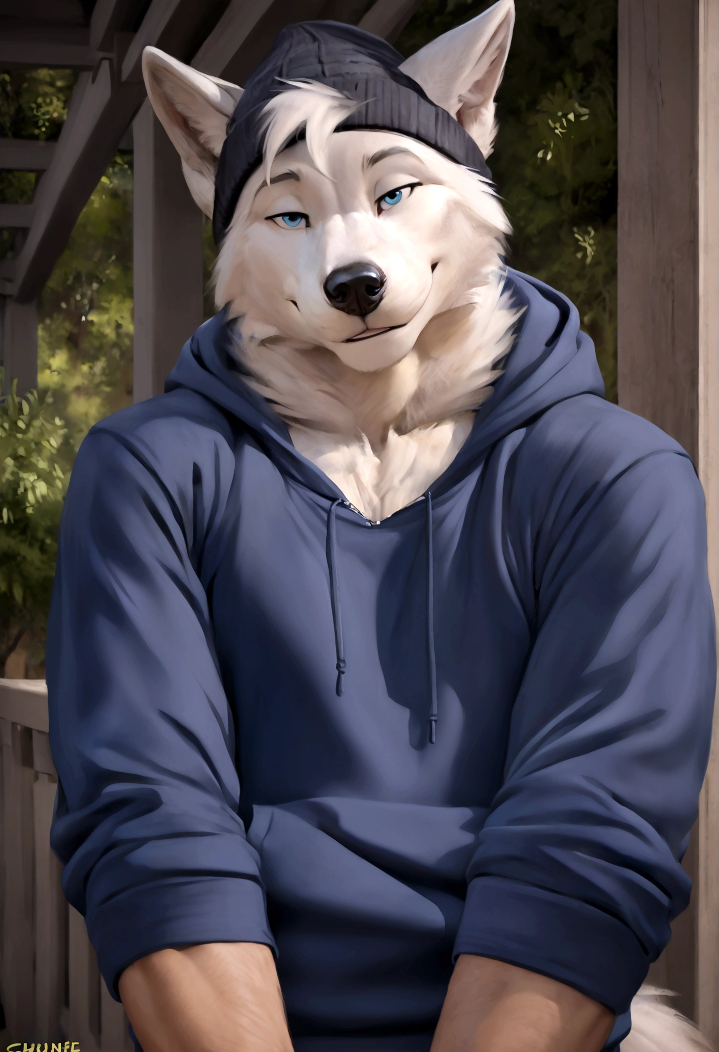 4k, high resolution, best quality, perfect colors, perfect shadows, perfect lighting, posted on e621, furry body, solo, medium full shot, anthro gray wolf, gray and white fur, sleep deprived, irritated eyes, wearing a t shirt with a death metal band logo, wearing a black open zipped down hoodie with the hood down, (anatomically correct wolf tail, detailed fingers, male, (middle-aged, mature:1.2), (skinny, average body), correct anatomy, (photorealistic fur, detailed fur, epic, masterpiece:1.2), (big modern background), (by Taran Fiddler, by Chunie, by Rukis, Bonifasko lighting), (standing), detailed blue eyes, smiling half-heartedly at the viewer, the hoodie is zipped down and showing the t shirt, the hood on the hoodie is down, t shirt is visible, head is fully visible, wearing a black beanie, he is not wearing the hood, the shirt can be seen under the hoodie, sleeves rolled up to elbows