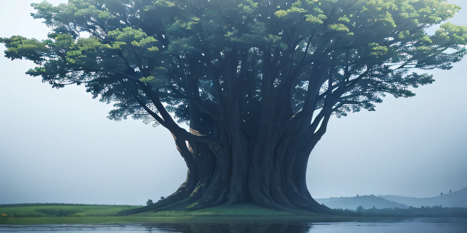 giant tree. Outstanding The river surrounds the giant trees. There were small trees surrounding the large trees in the distance. thick fog