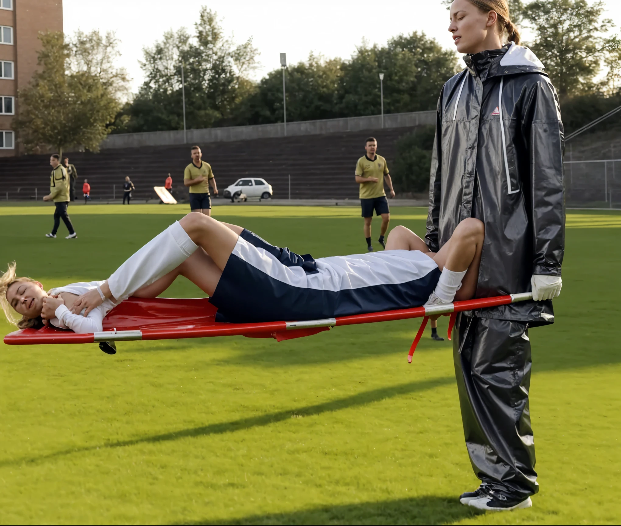 there is a man laying on a stretcher on a soccer field, on a soccer field, Greta Thunberg wearing a shiny pvc tracksuit, greta thunberg in a high shine vinyl rainsuit carrying a stretcher on a soccer field, an excessively madeup age girl in a laquered coat, a passionately shouting teengirl in a laquered coat, there is a sportsman in white shorts and a white t-shirt lying injured on a stretcher, there is an injured sportsman who is covering his face on a stretcher, an injured sportsman is covering his face with his hands, an injured sportsman is writhing in ecstasy on a stretcher, dramatic pity pose, there is a latino woman in a high-shine puffy coat, a high-shine black down coat, a long black moncler coat, a wetlook down coat, a wet black laquered coat, a latino wife is wearing a wetlook black uniform, injured, medic, very professional, soccer action pose, affection pose, lecherous action pose, dramatic action pose, theatralic pose, there is an attractive woman that is carrying a skinny man, there is a beautiful woman in a shiny coat who is carrying a blond man on a wetlook orange stretcher, a longhaired beautiful woman in a high-shine black puffy coat, a longhaired woman in a shiny downcoat, a woman is carrying a shorthaired man who is wearing shorts and a t-shirt, a weak man in spots shorts is consciousless and needs to be carried, a shorthaired man with closed eyes is carried on a stretcher by a longhaired woman, a woman looks very scared and terrified, a consciousless man with closed eyes is suffering very much and has a very painful face, photo, photo shoot, photographed , accident, help, aid, first aid, pity
