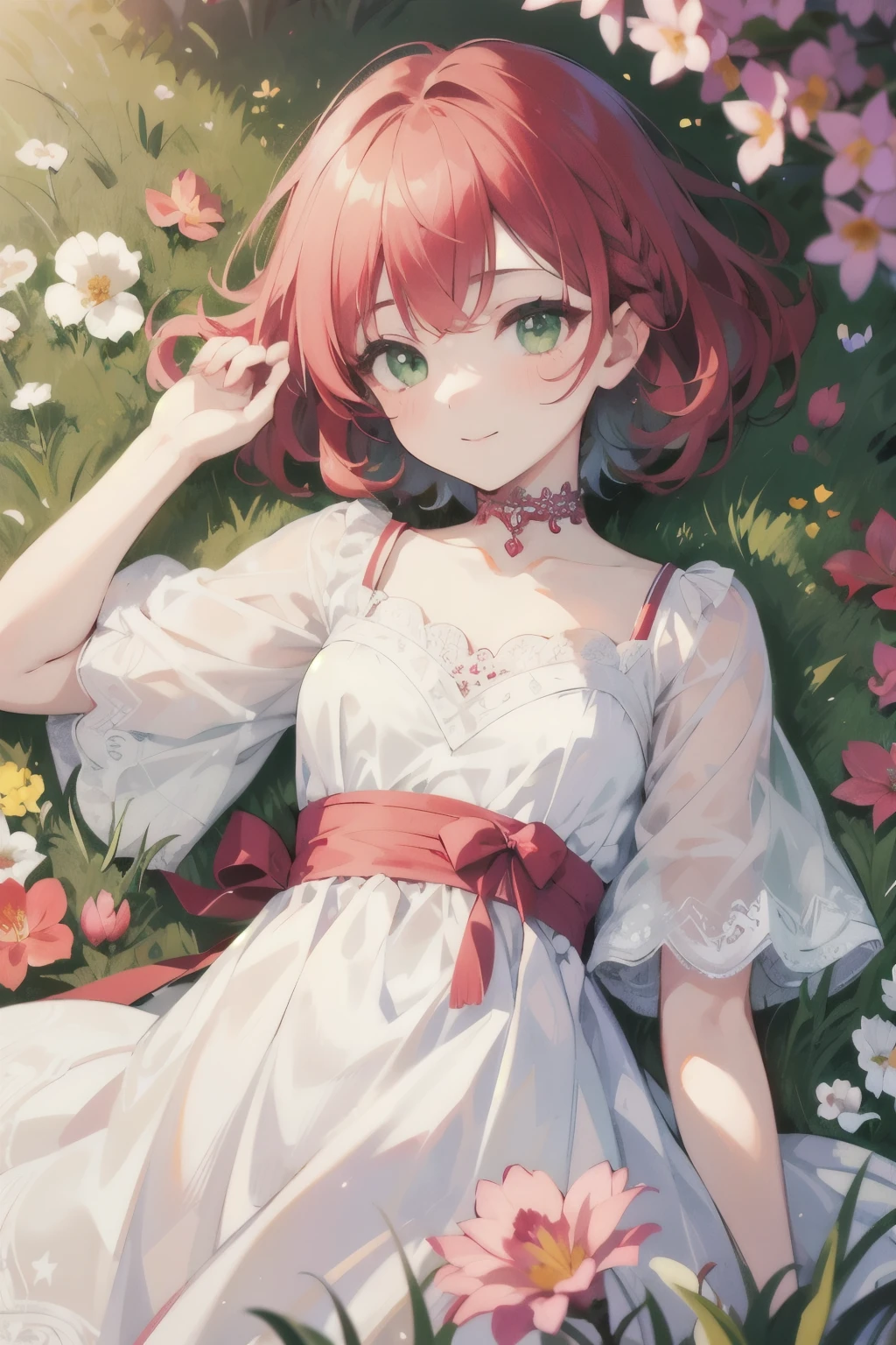 ((highest quality)), ((masterpiece)), (detailed), Perfect Face, , young, girl, Light crimson hair, Bob Hair, Green Eyes, Iris Dress, Flowers, pink Flowers, Happy, sunny, Green Grass, grass, White lace choker, romantic, A kind smile, View Viewer, Portraiture, flat, ribbon、Small breasts