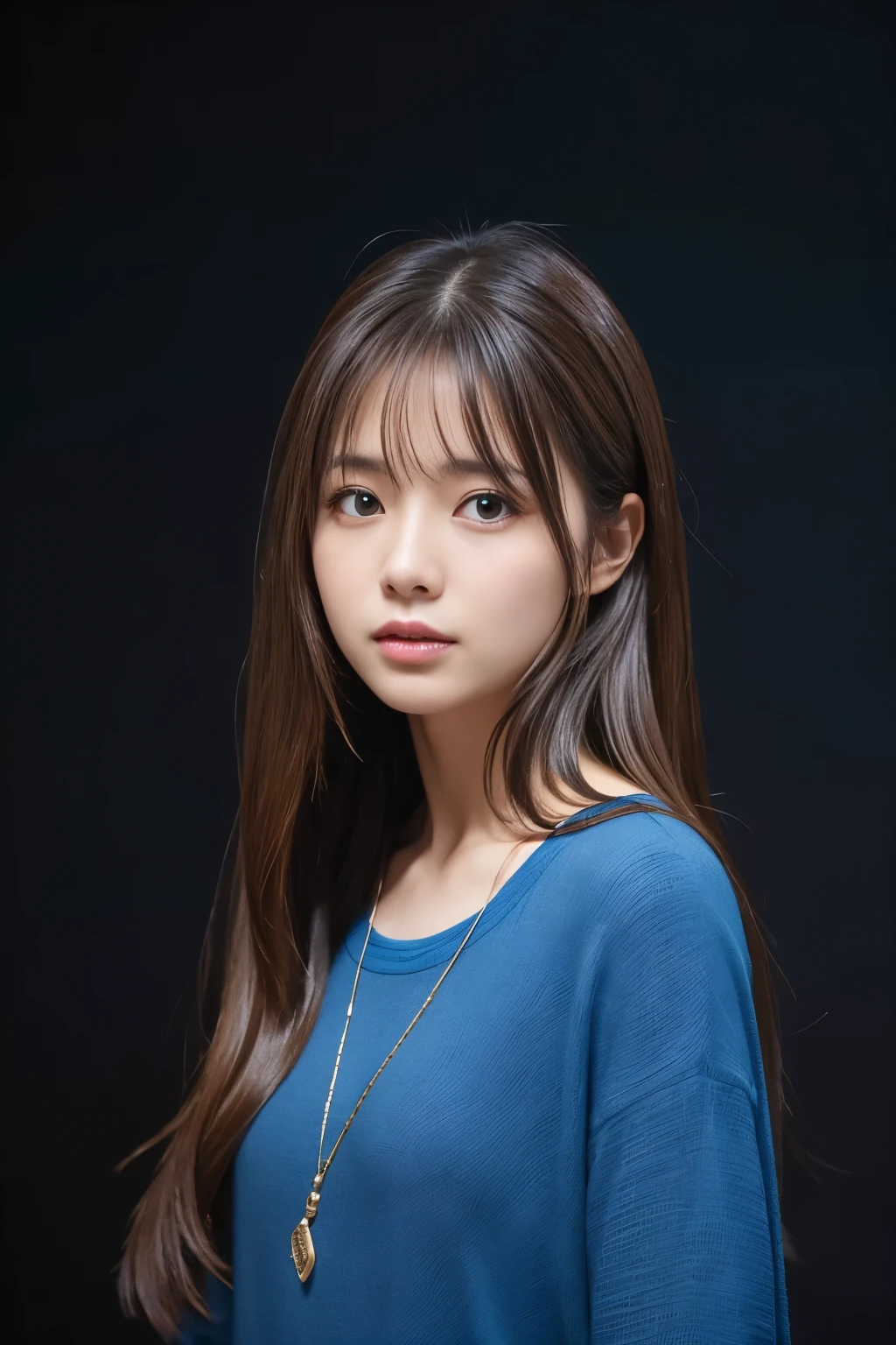 woman 26 years old Brown Hair Long Hair (((Wearing blue clothes))) (((On a black background))) Japanese